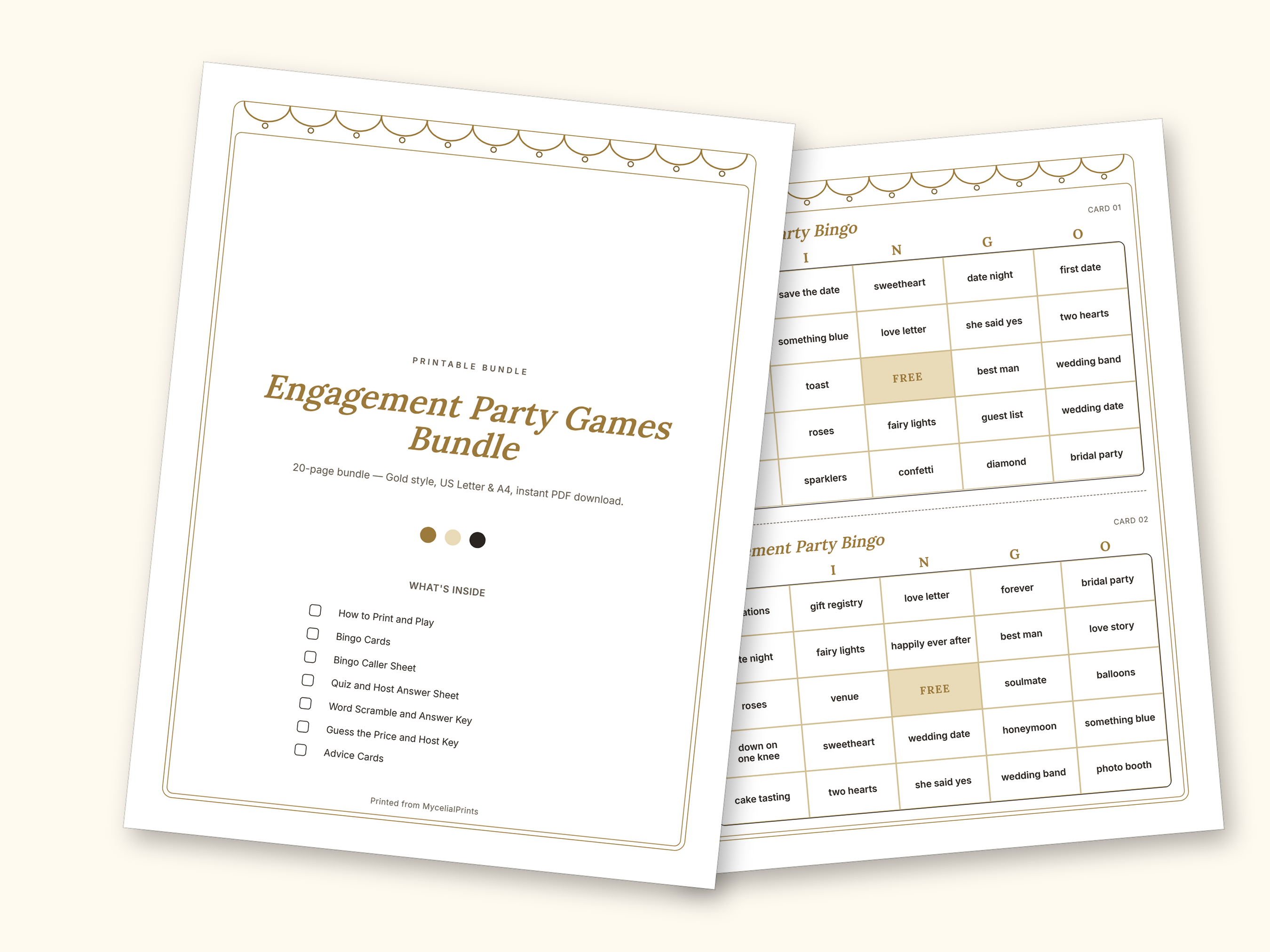 Engagement Party Games | Couple Quiz Bingo Cards for Hosts (Digital PDF): cover and an inside page