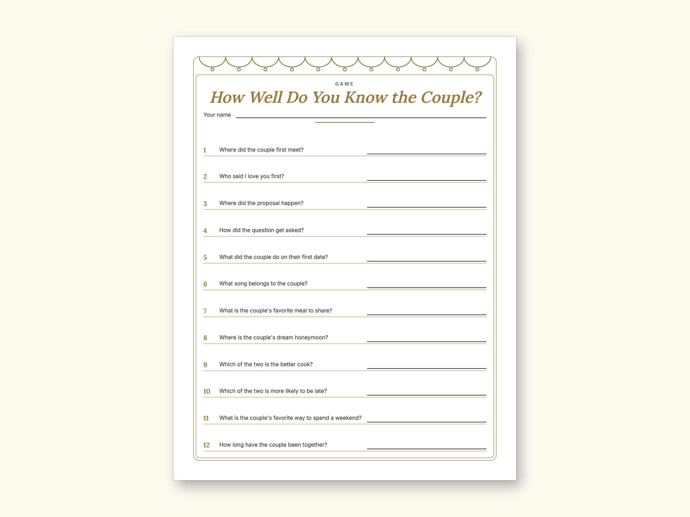Engagement Party Games | Couple Quiz Bingo Cards for Hosts (Digital PDF): sample page 14 of 21