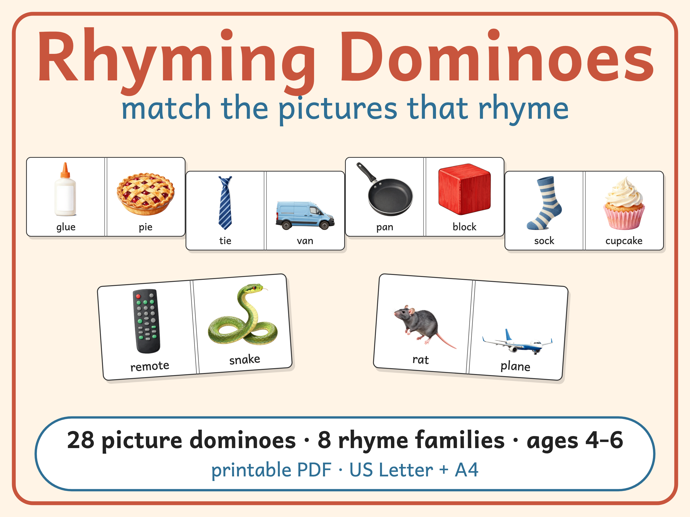 Rhyming Dominoes Game, Preschool and Kindergarten Phonics Printable, 28 Picture Rhyme Match Pieces, Ages 4-6, US Letter + A4 PDF: Cover