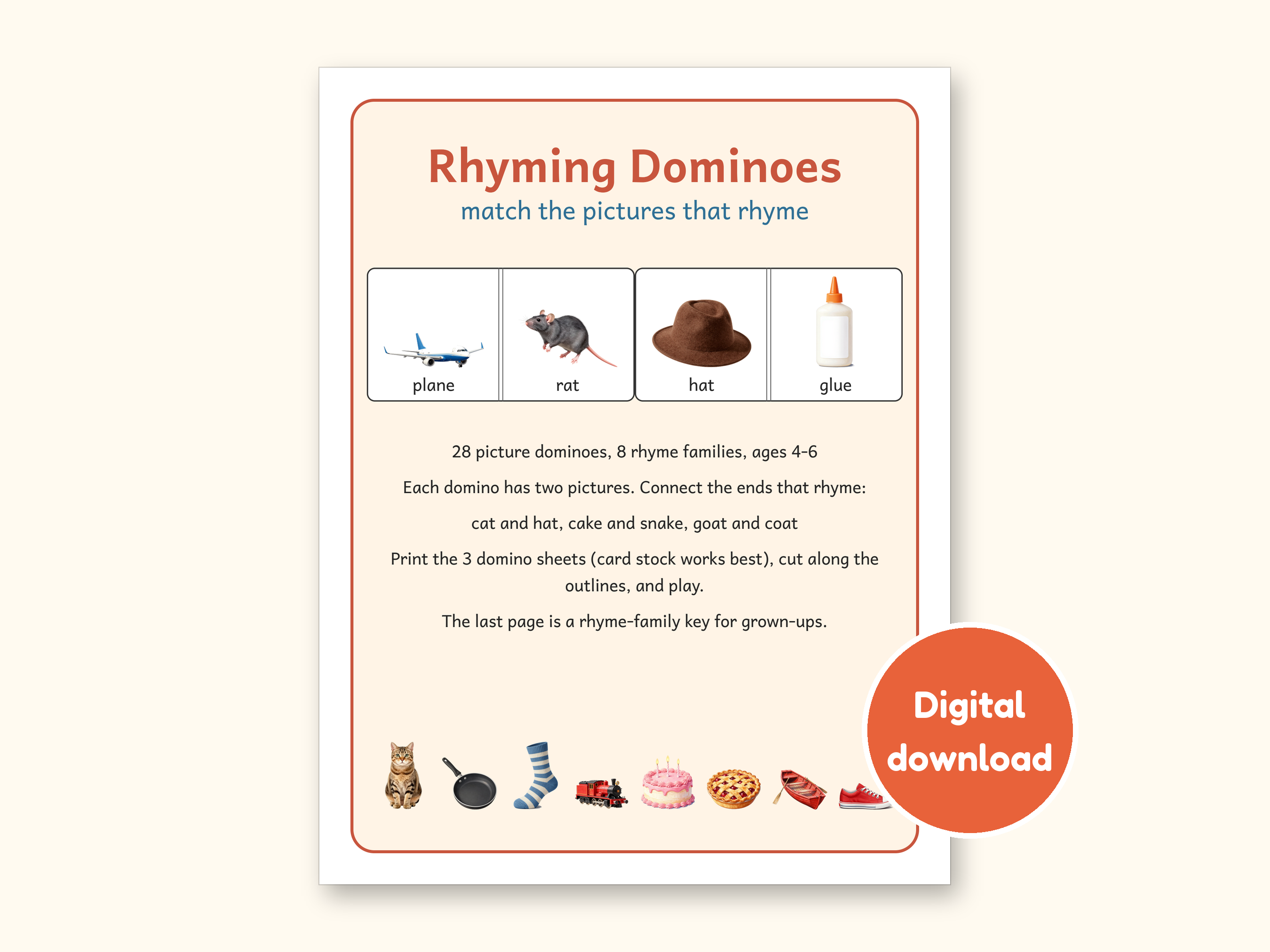 Rhyming Dominoes Game, Preschool and Kindergarten Phonics Printable, 28 Picture Rhyme Match Pieces, Ages 4-6, US Letter + A4 PDF: cover of the printable PDF, a digital download