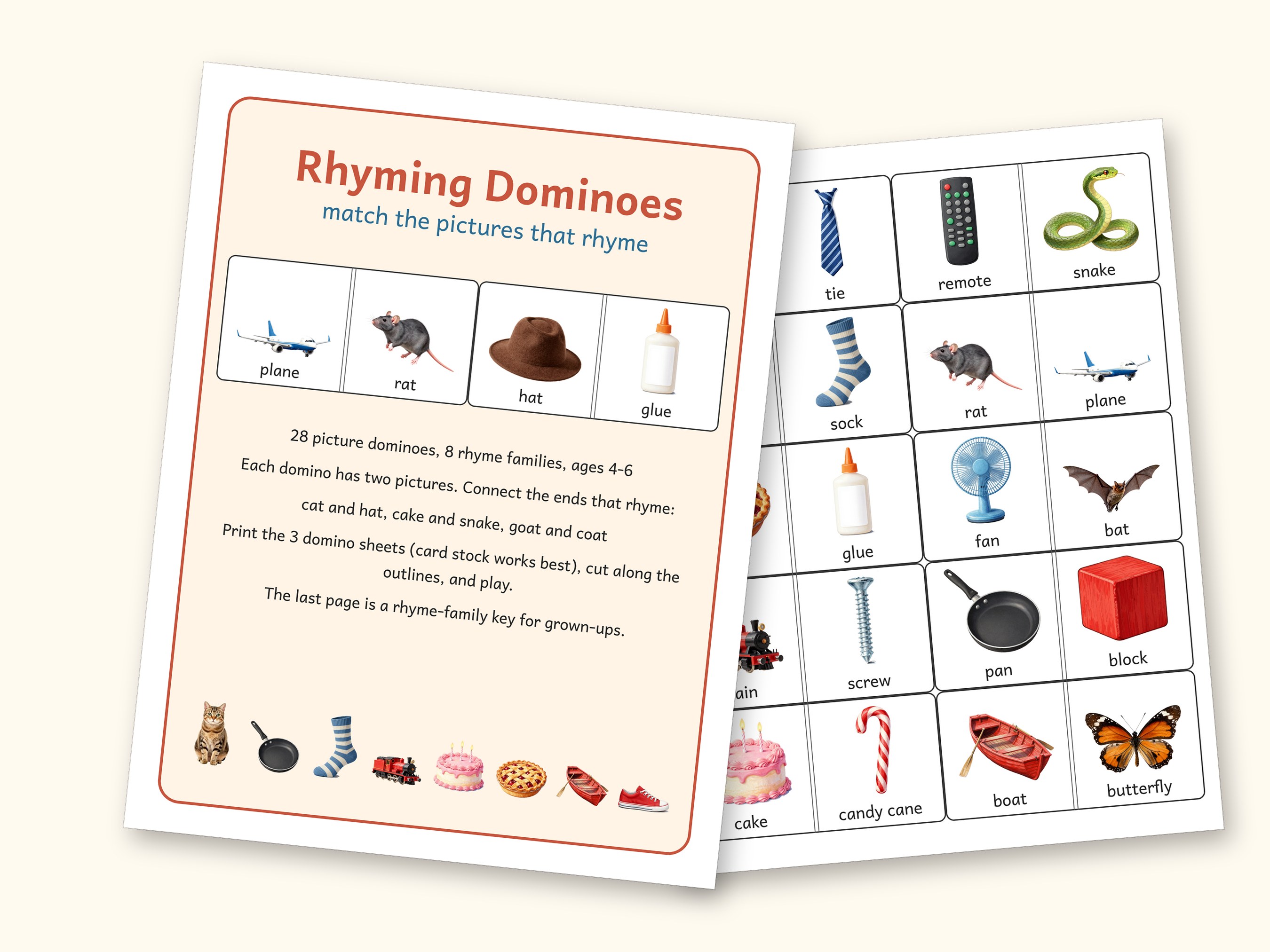 Rhyming Dominoes Game, Preschool and Kindergarten Phonics Printable, 28 Picture Rhyme Match Pieces, Ages 4-6, US Letter + A4 PDF: cover and an inside page