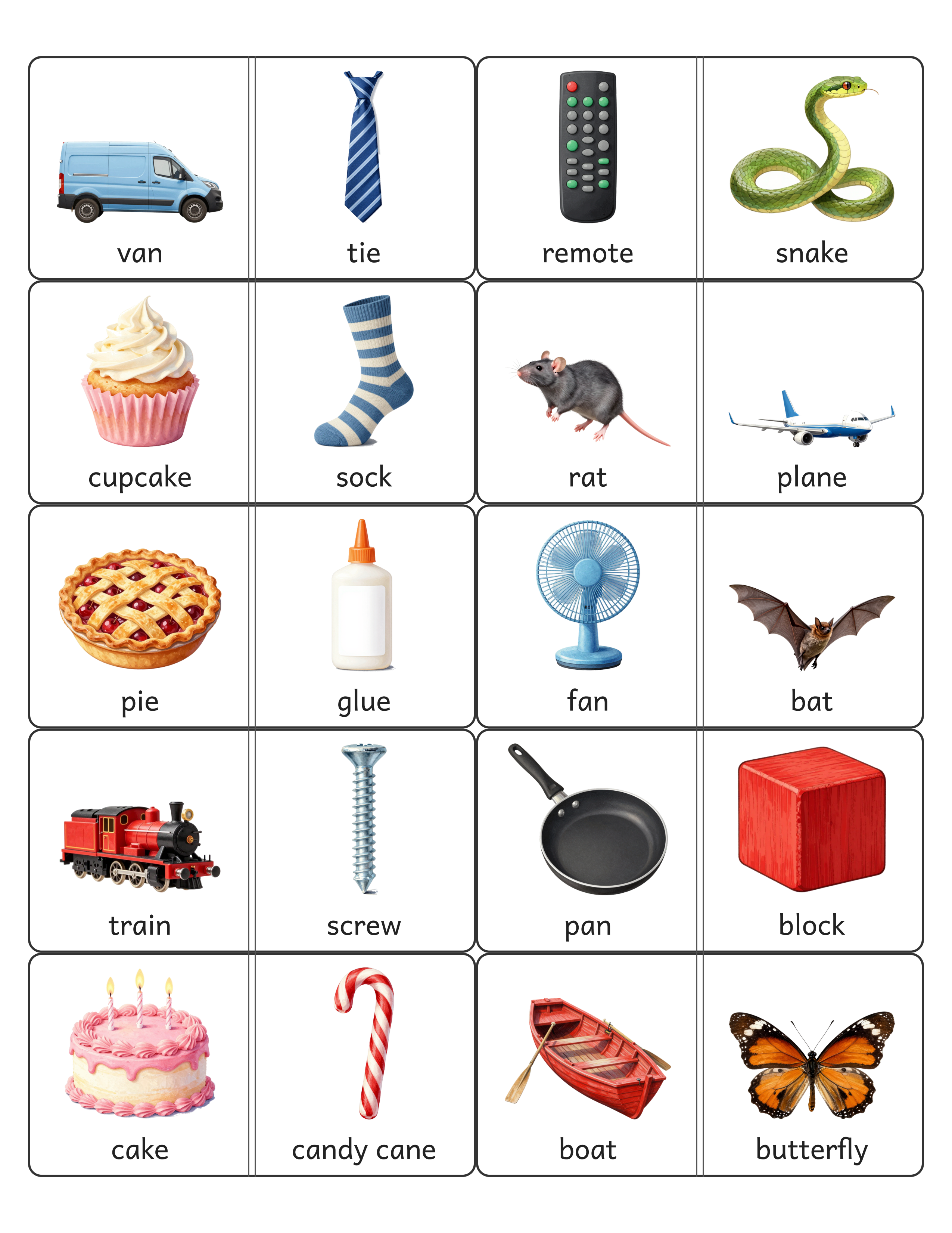 Rhyming Dominoes Game, Preschool and Kindergarten Phonics Printable, 28 Picture Rhyme Match Pieces, Ages 4-6, US Letter + A4 PDF: Preview 1: a domino sheet