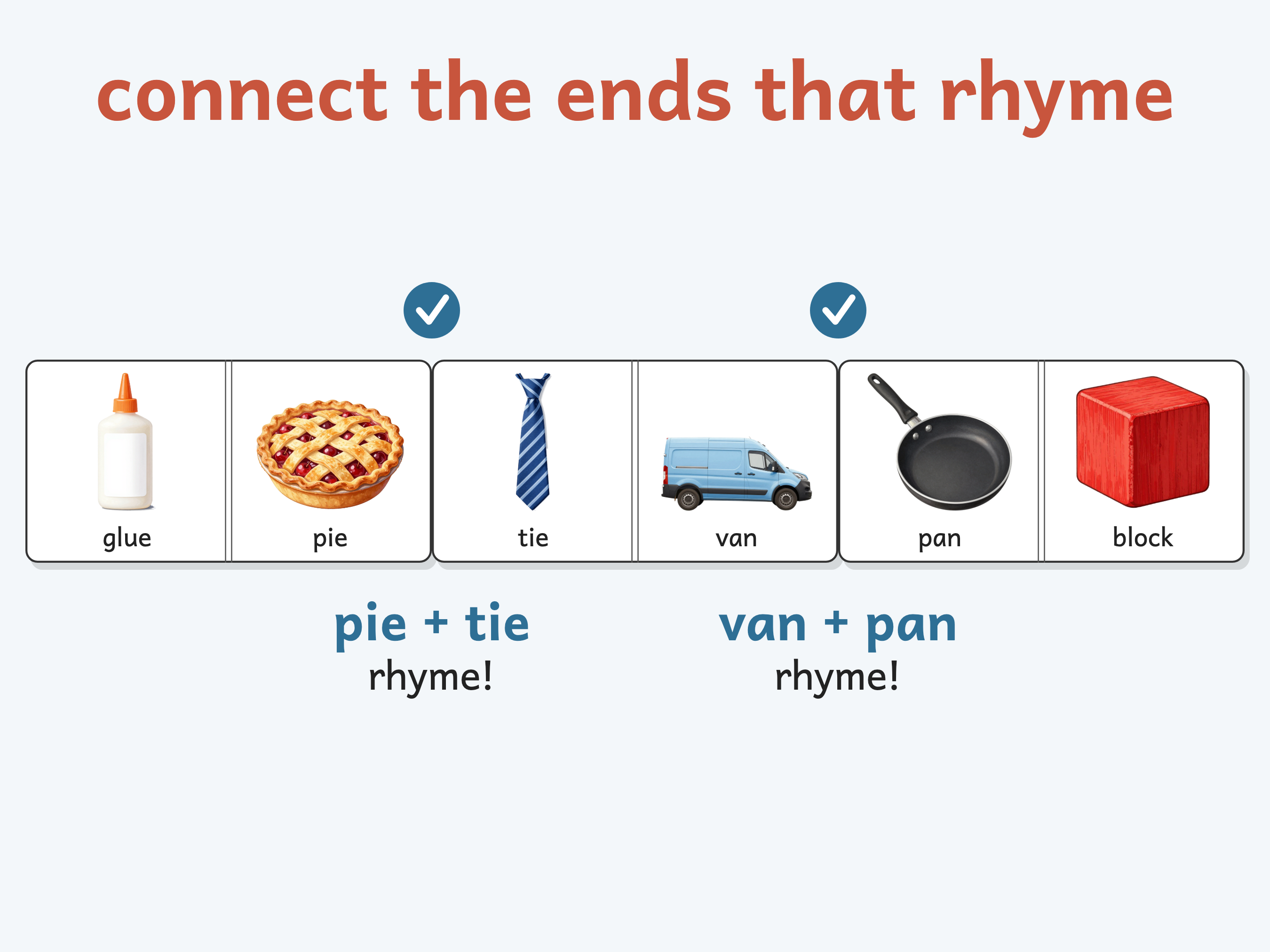 Rhyming Dominoes Game, Preschool and Kindergarten Phonics Printable, 28 Picture Rhyme Match Pieces, Ages 4-6, US Letter + A4 PDF: Preview 2: dominoes connected rhyme to rhyme