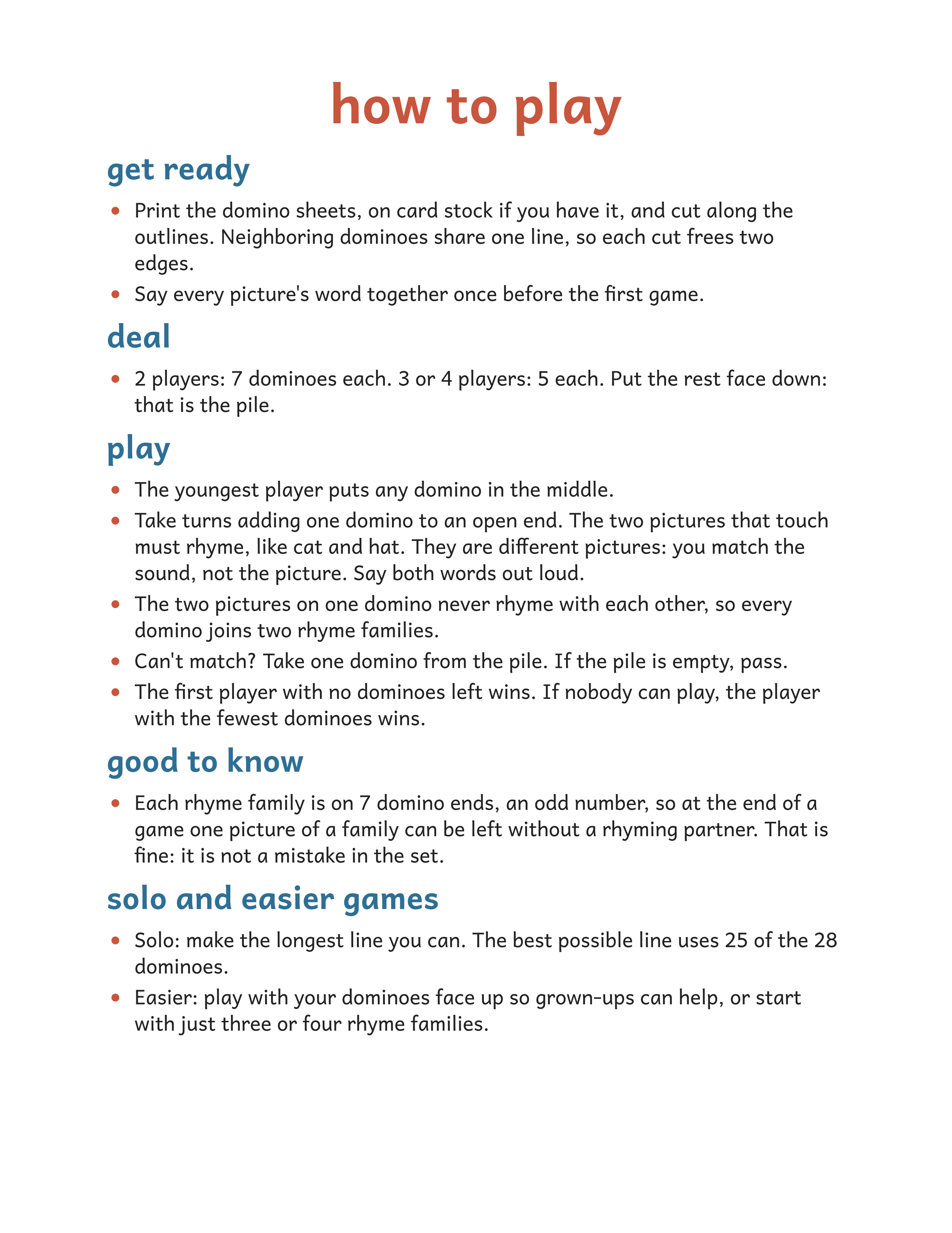 Rhyming Dominoes Game, Preschool and Kindergarten Phonics Printable, 28 Picture Rhyme Match Pieces, Ages 4-6, US Letter + A4 PDF: Preview 3: how to play