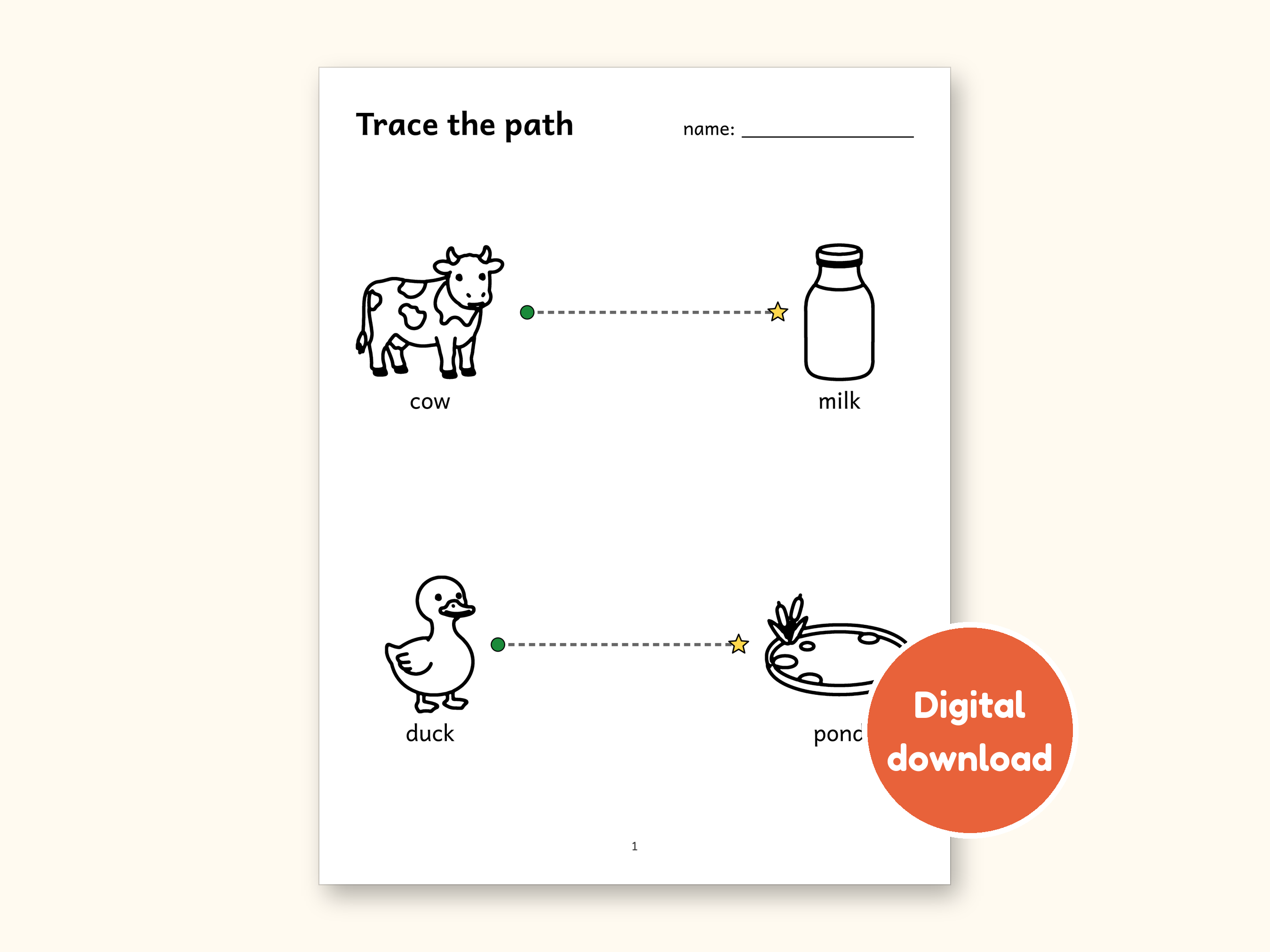Tracing Worksheets | Farm Animals Pre-Writing Paths for Preschool (Digital PDF): cover of the printable PDF, a digital download