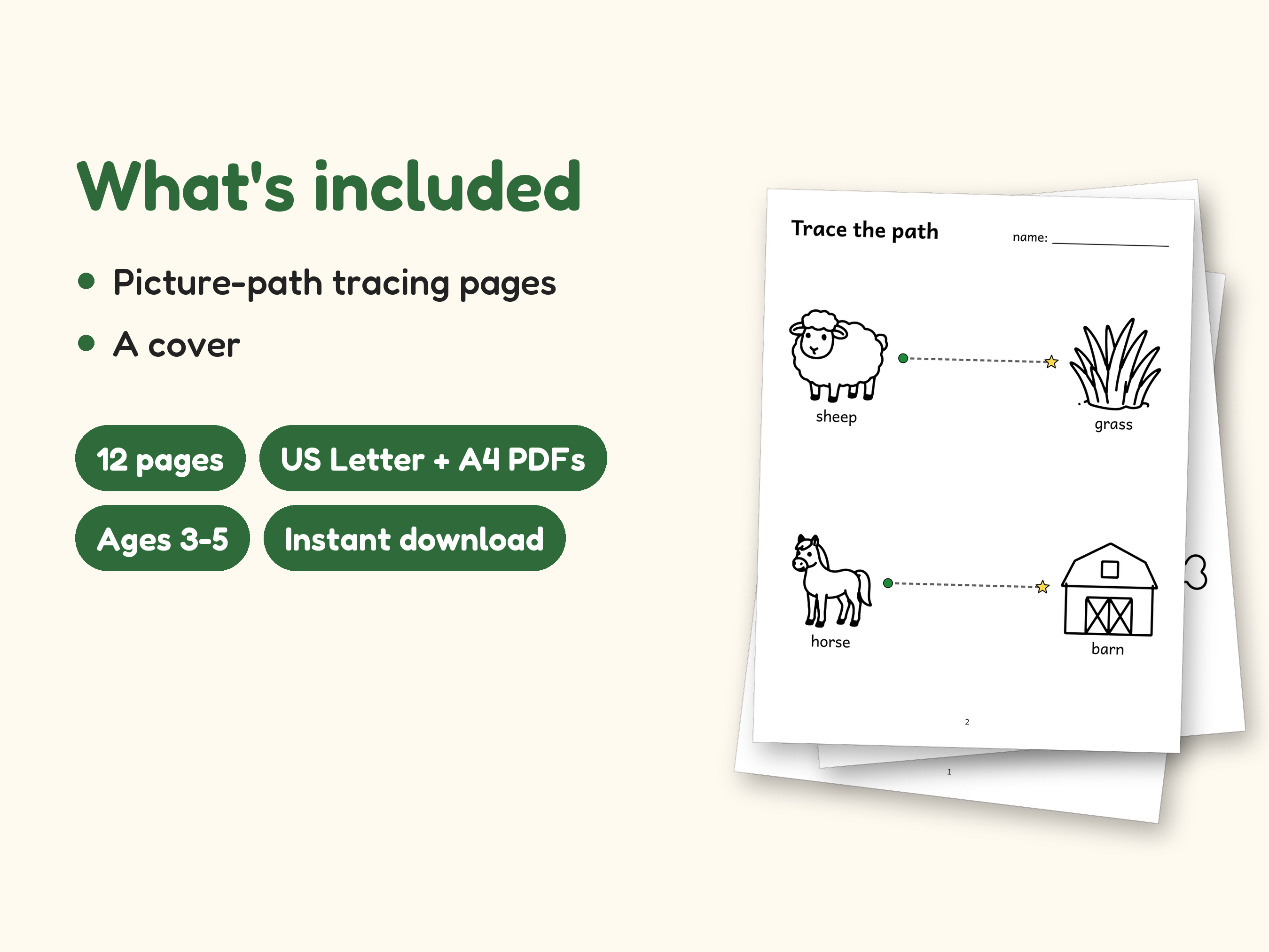 Tracing Worksheets | Farm Animals Pre-Writing Paths for Preschool (Digital PDF): what's included -- 12 pages, US Letter + A4 PDFs, Ages 3-5, Instant download