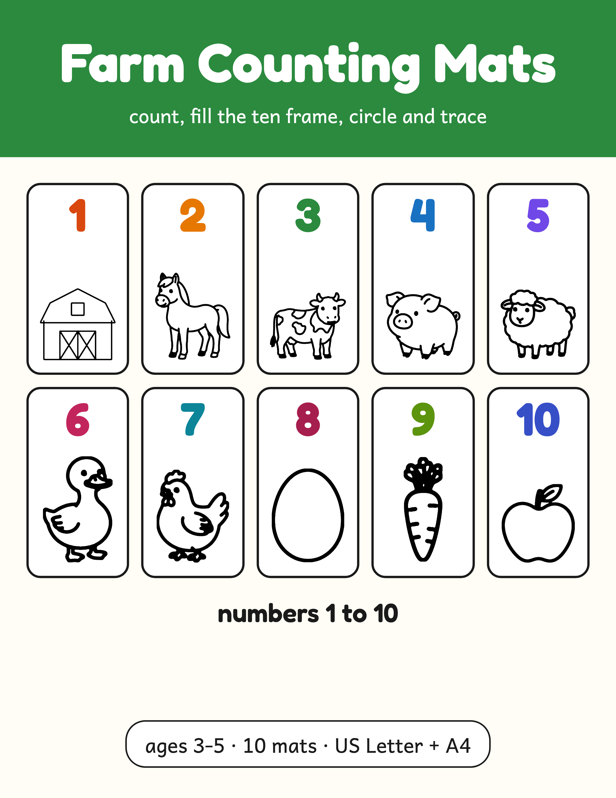 Counting Worksheets | Farm Ten Frame Mats for Preschool Ages 3-5 (Digital PDF): Cover