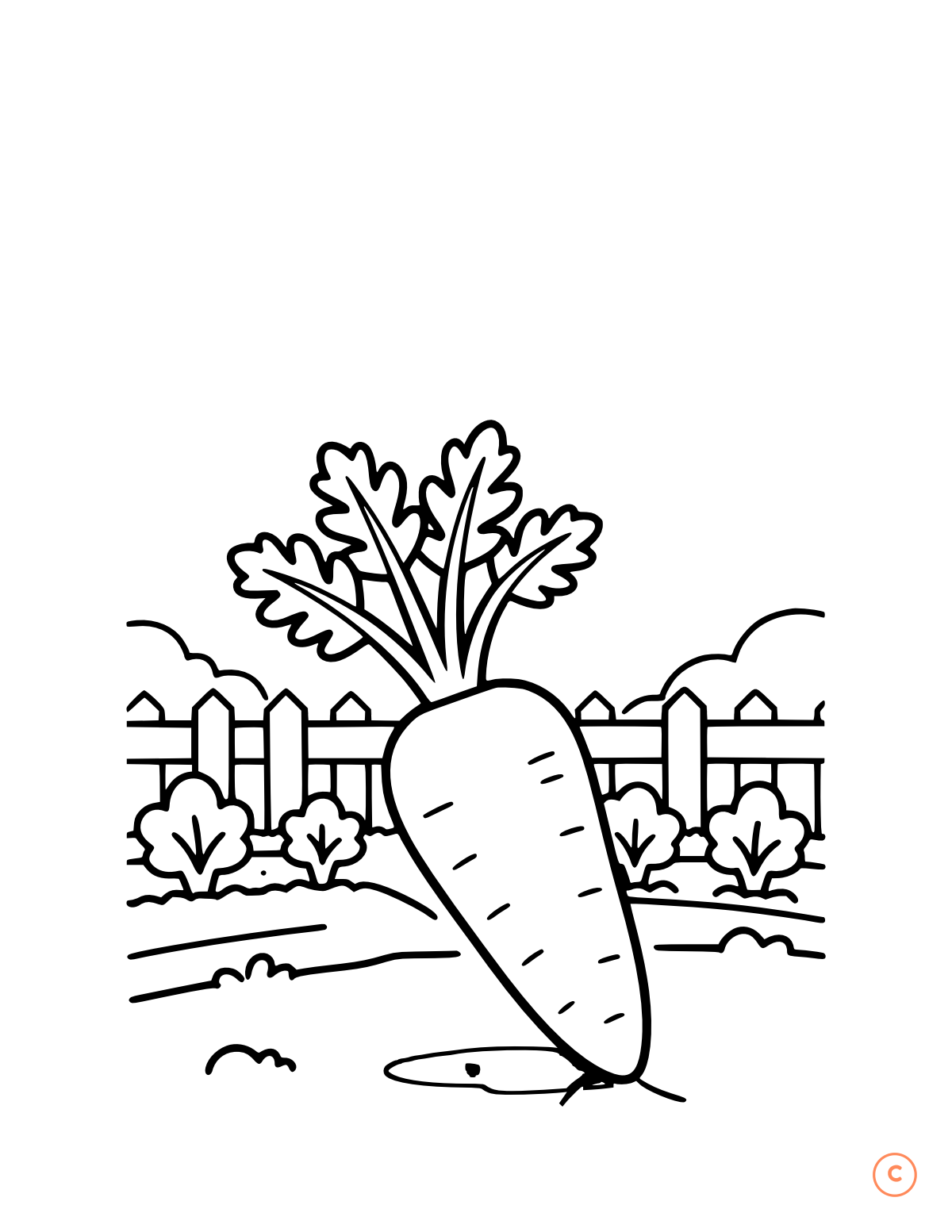 Carrot coloring page for the letter C, bold outlines for small hands