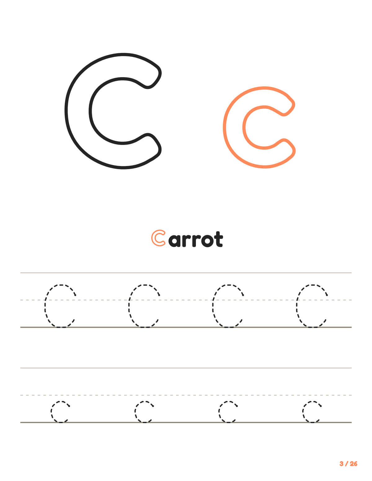 Letter C tracing worksheet: uppercase and lowercase C to trace, with the word Carrot