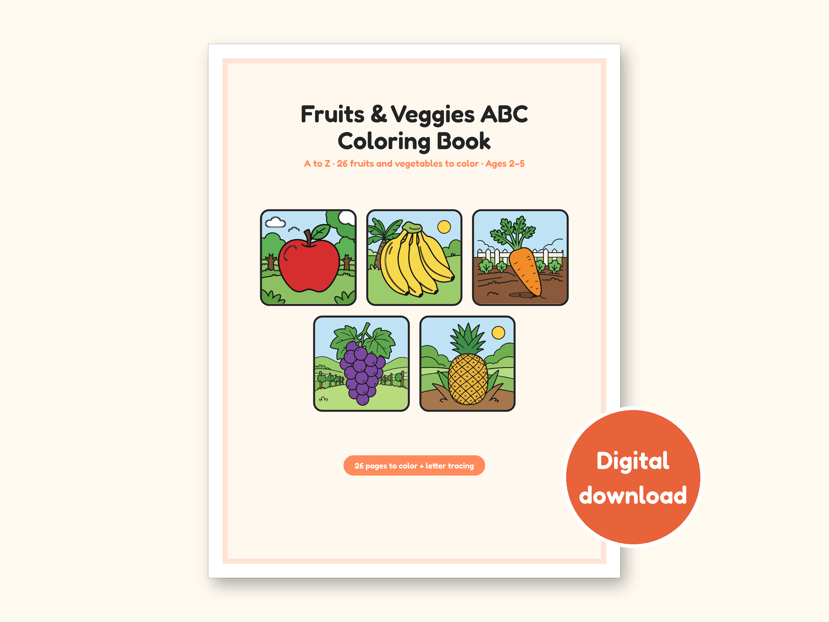 Fruits and Vegetables Coloring Book - ABC Letter Tracing Printable PDF for Kids Ages 2-5: cover of the printable PDF, a digital download