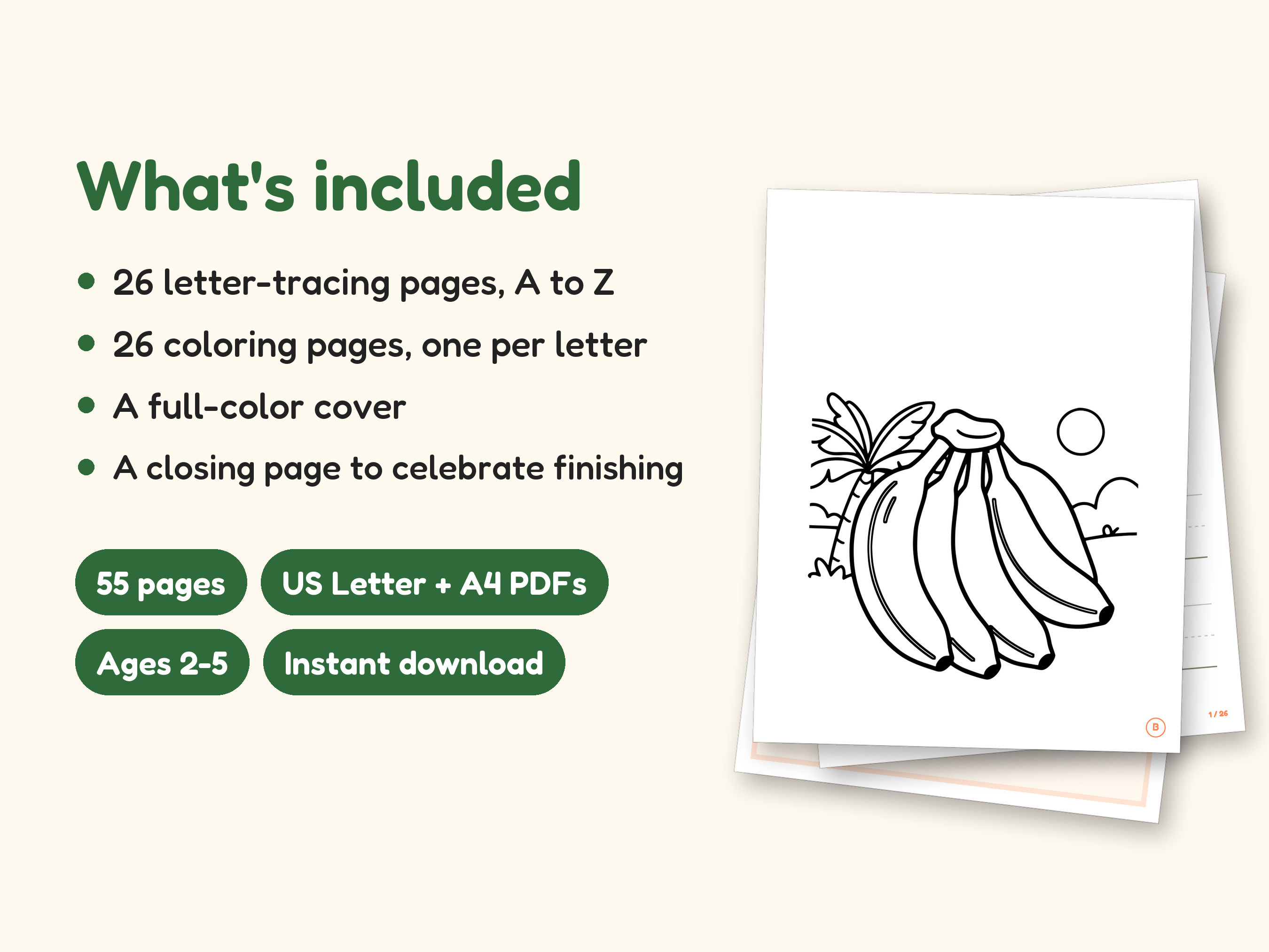 Fruits and Vegetables Coloring Book - ABC Letter Tracing Printable PDF for Kids Ages 2-5: what's included -- 55 pages, US Letter + A4 PDFs, Ages 2-5, Instant download