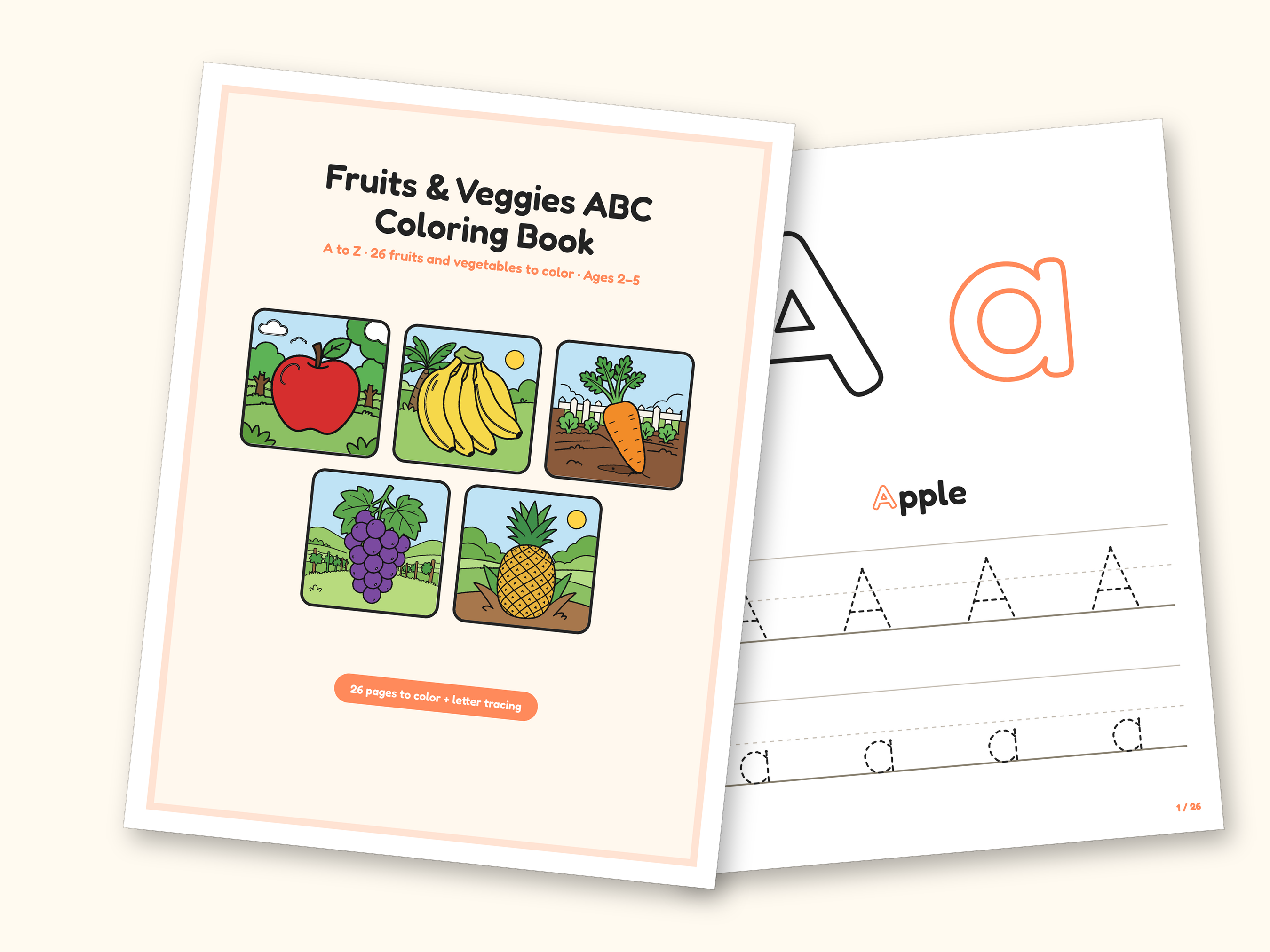Fruits and Vegetables Coloring Book - ABC Letter Tracing Printable PDF for Kids Ages 2-5: cover and an inside page