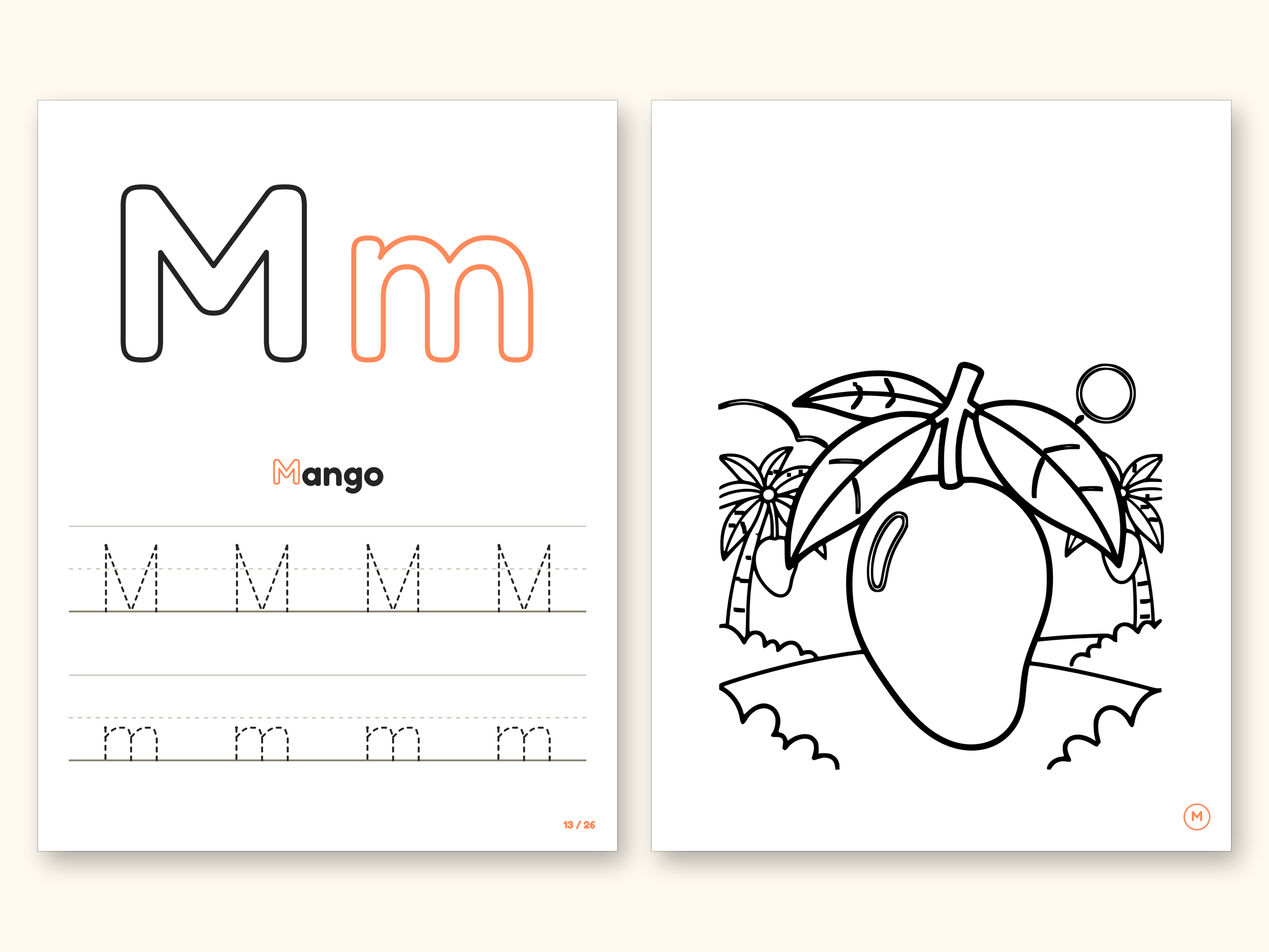 Fruits and Vegetables Coloring Book - ABC Letter Tracing Printable PDF for Kids Ages 2-5: pages 27 and 28 side by side