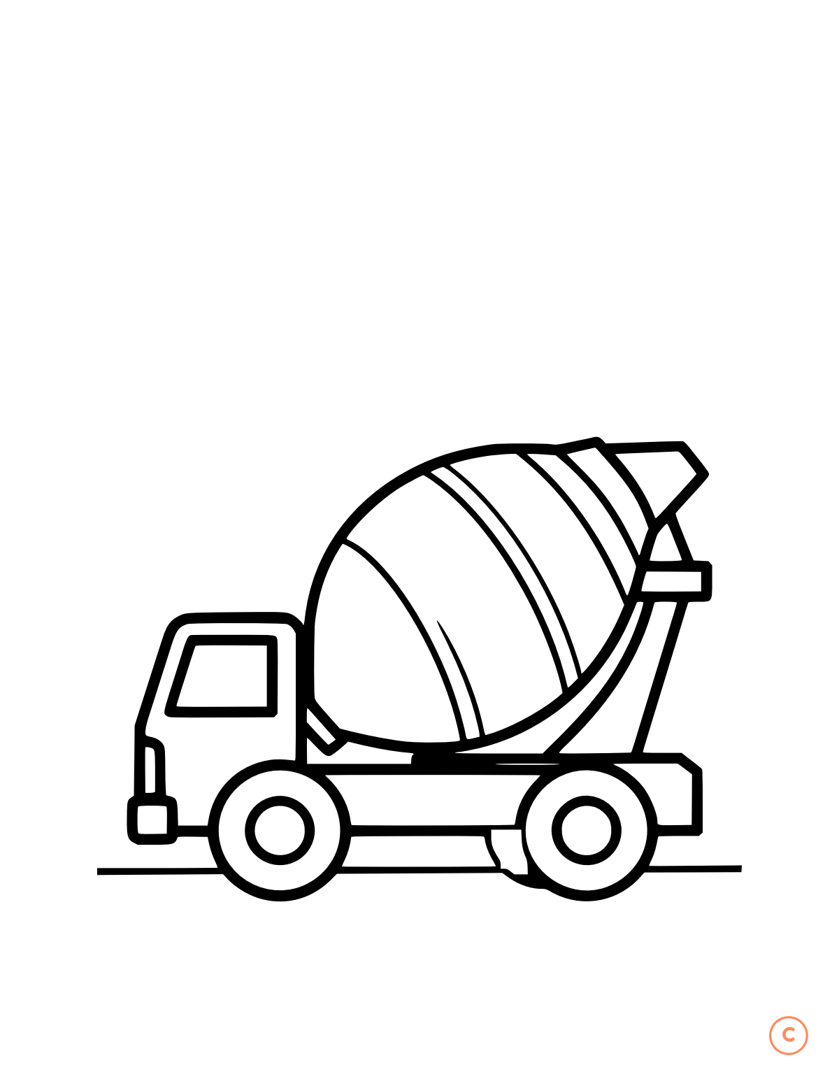 Cement Mixer Truck coloring page for the letter C, bold outlines for small hands