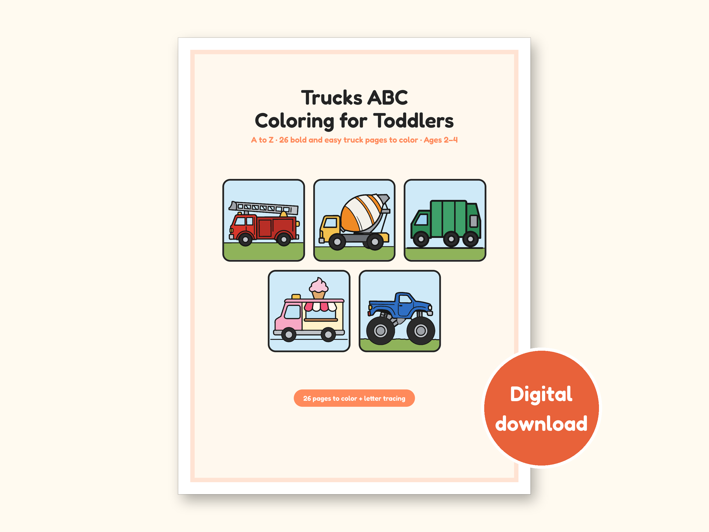 Truck Coloring Pages | ABC Letter Tracing for Kids Ages 2-4 (Digital PDF): cover of the printable PDF, a digital download