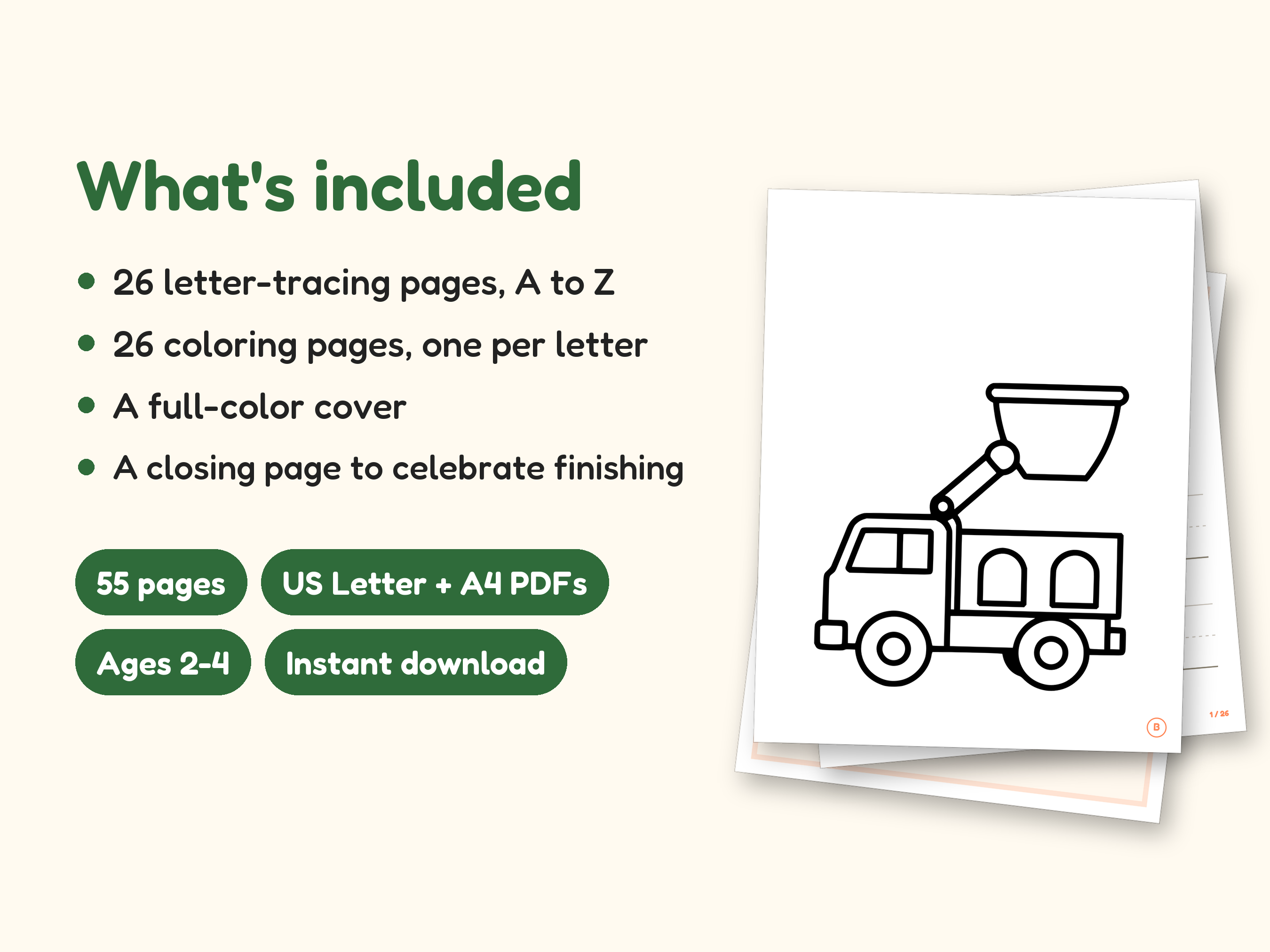 Truck Coloring Pages | ABC Letter Tracing for Kids Ages 2-4 (Digital PDF): what's included -- 55 pages, US Letter + A4 PDFs, Ages 2-4, Instant download