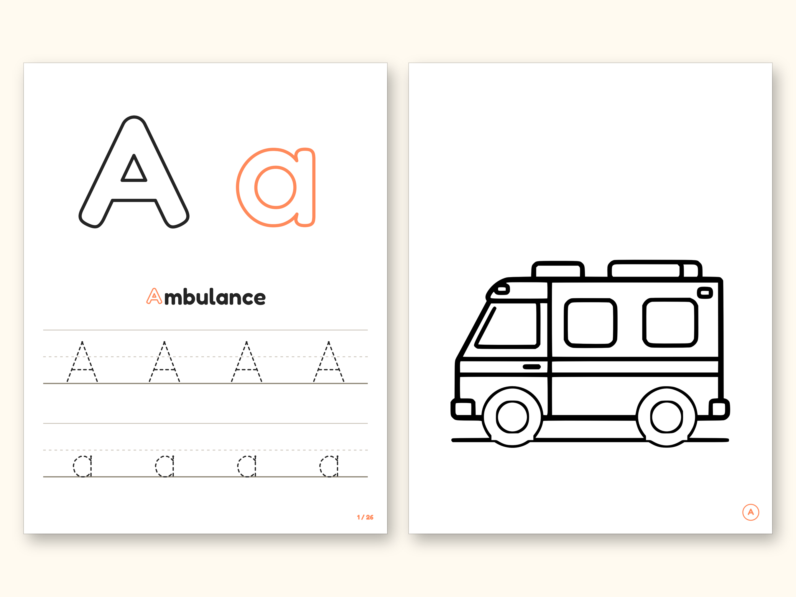 Truck Coloring Pages | ABC Letter Tracing for Kids Ages 2-4 (Digital PDF): pages 3 and 4 side by side