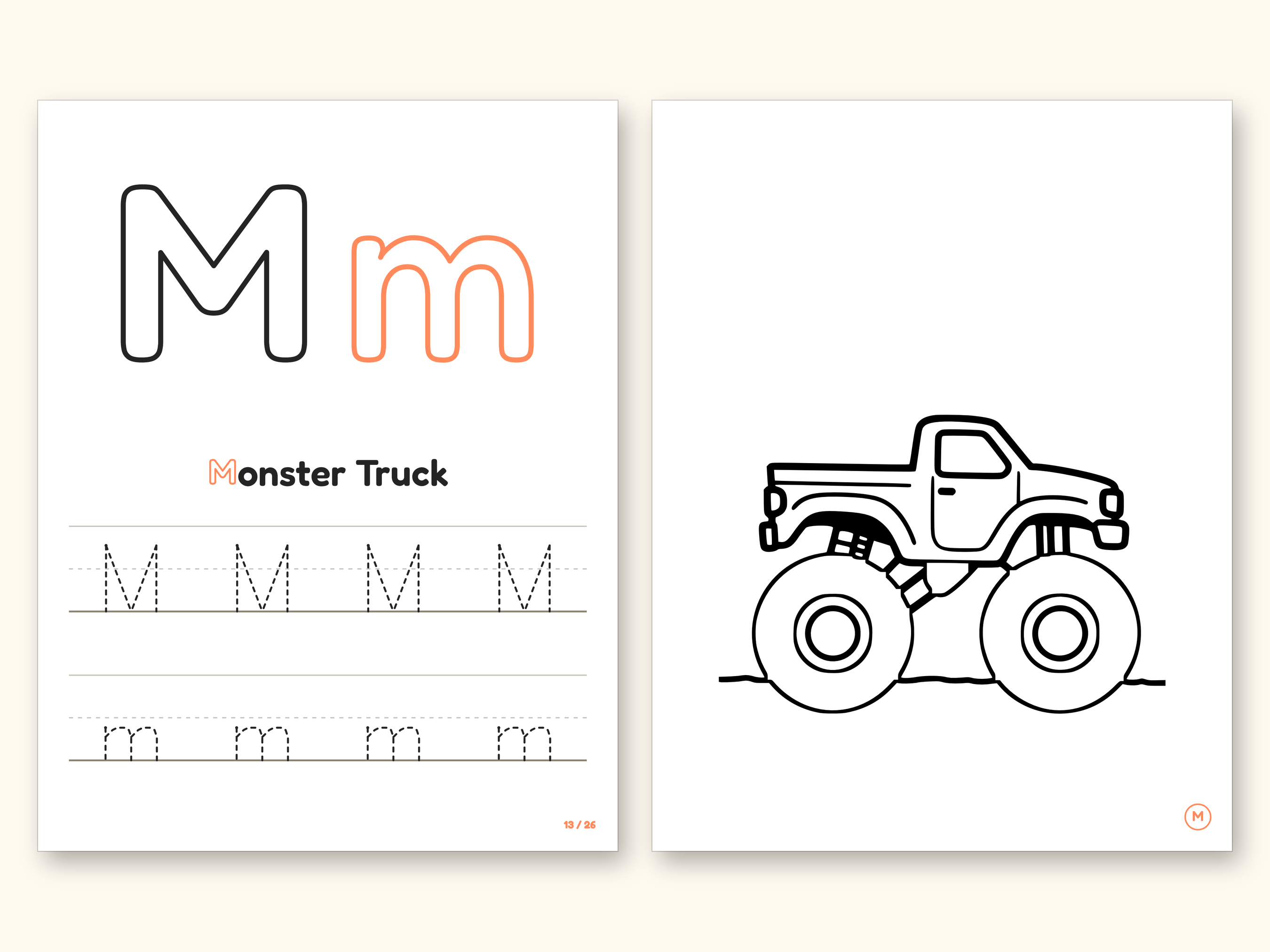 Truck Coloring Pages | ABC Letter Tracing for Kids Ages 2-4 (Digital PDF): pages 27 and 28 side by side