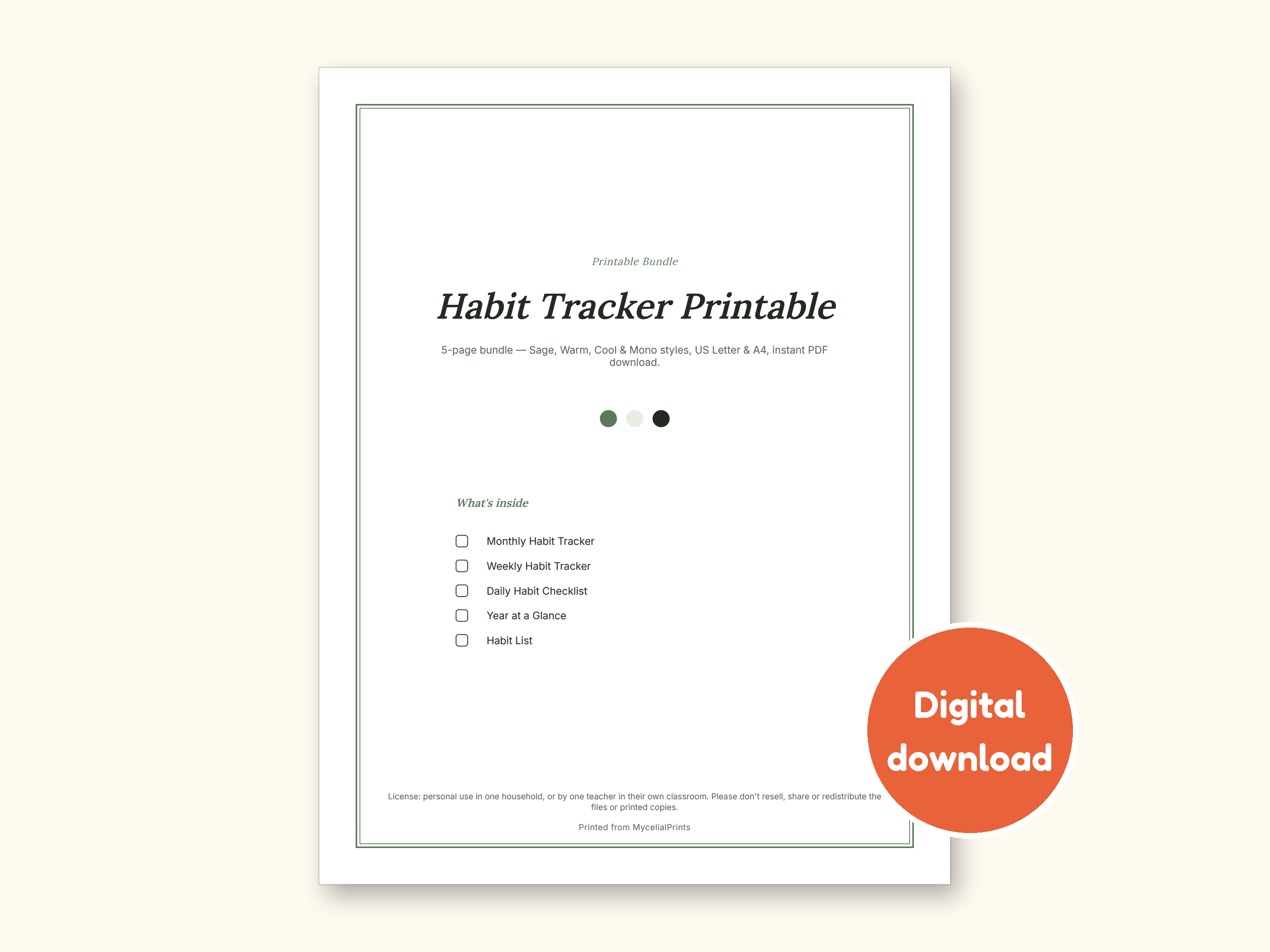 Habit Tracker | Undated Monthly and Weekly Grids for Home Use (Digital PDF): cover of the printable PDF, a digital download