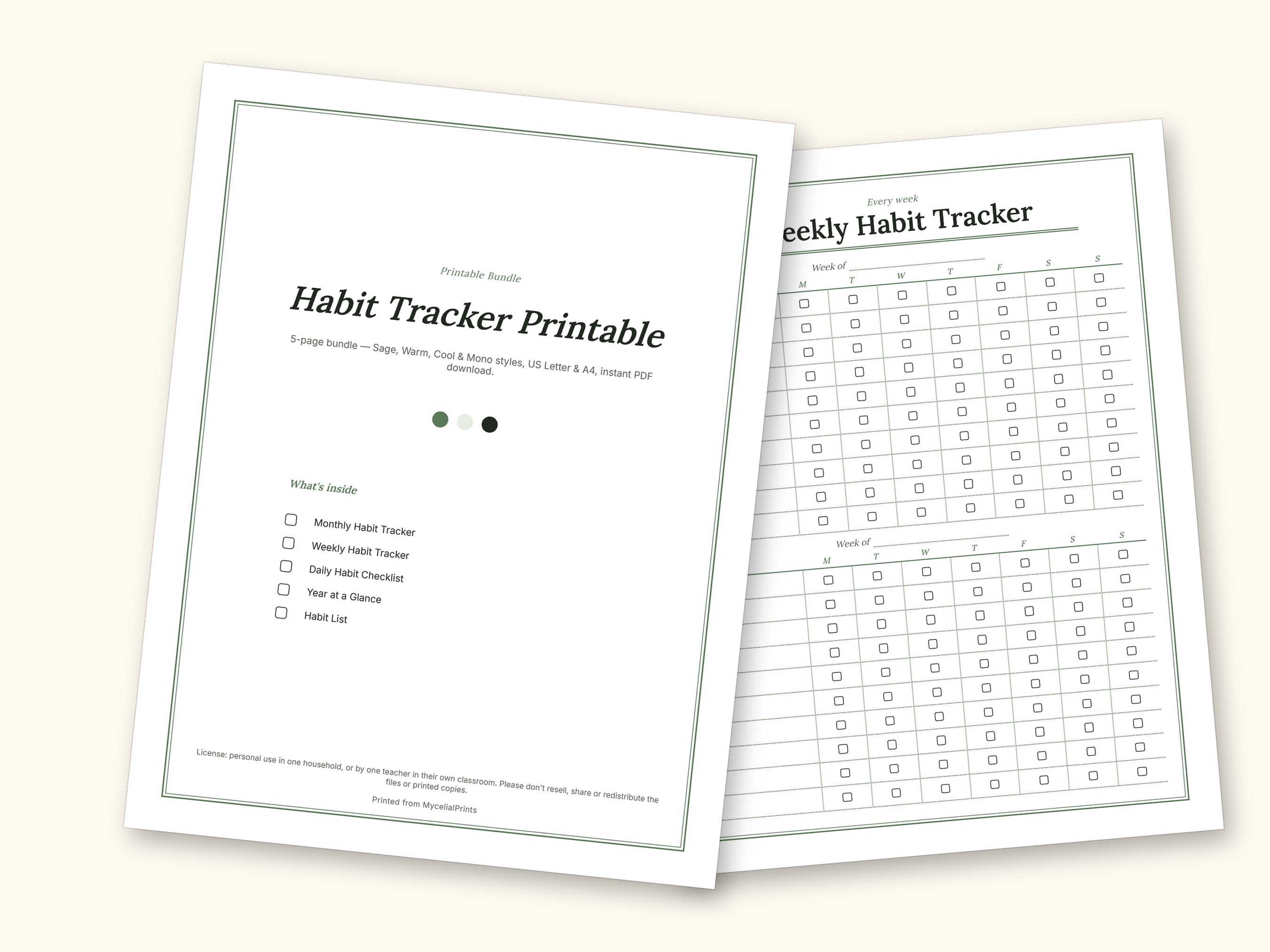 Habit Tracker | Undated Monthly and Weekly Grids for Home Use (Digital PDF): cover and an inside page