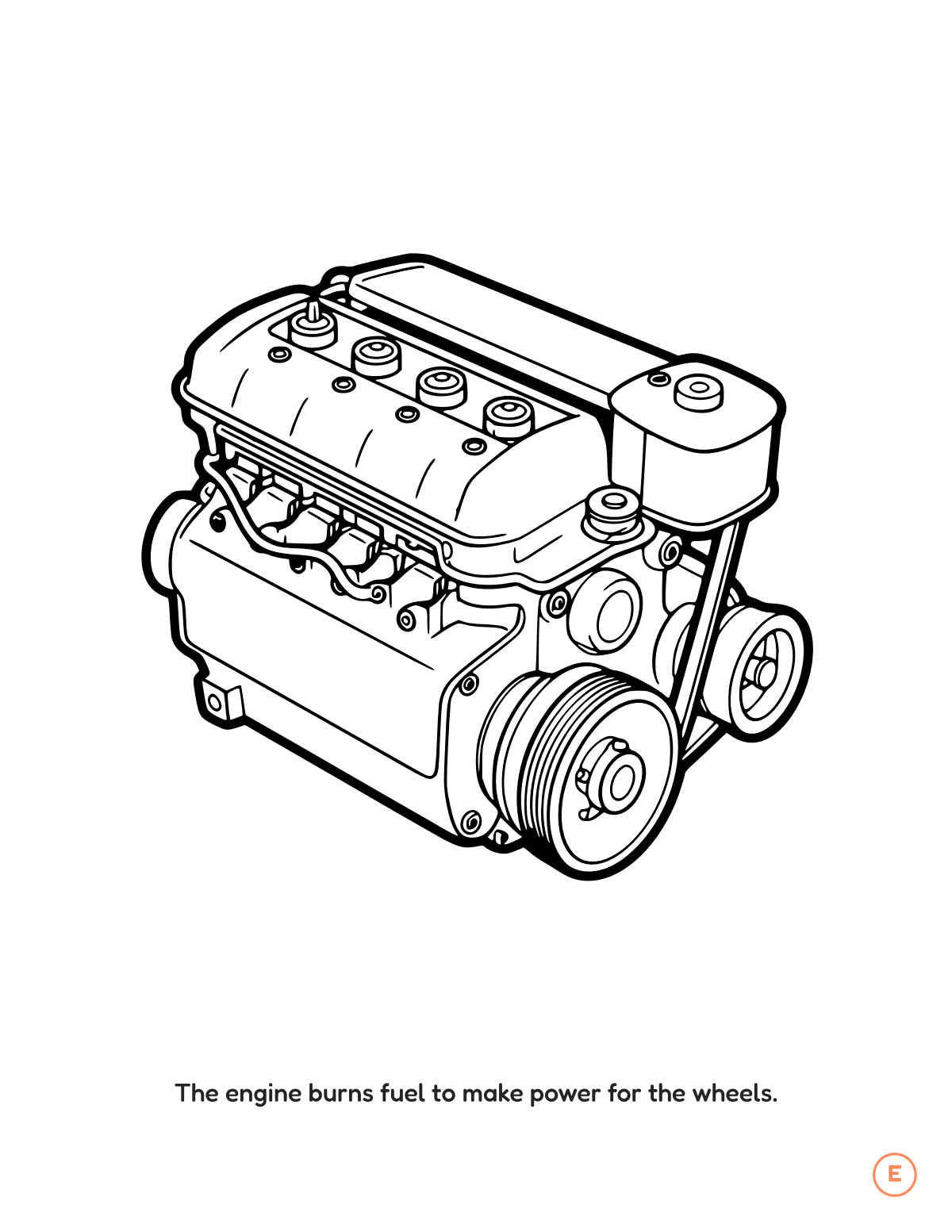 car coloring page for the letter E, bold outlines for small hands