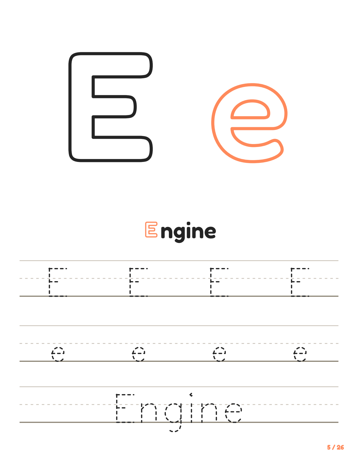 Letter E tracing worksheet: uppercase and lowercase E to trace, with the word car
