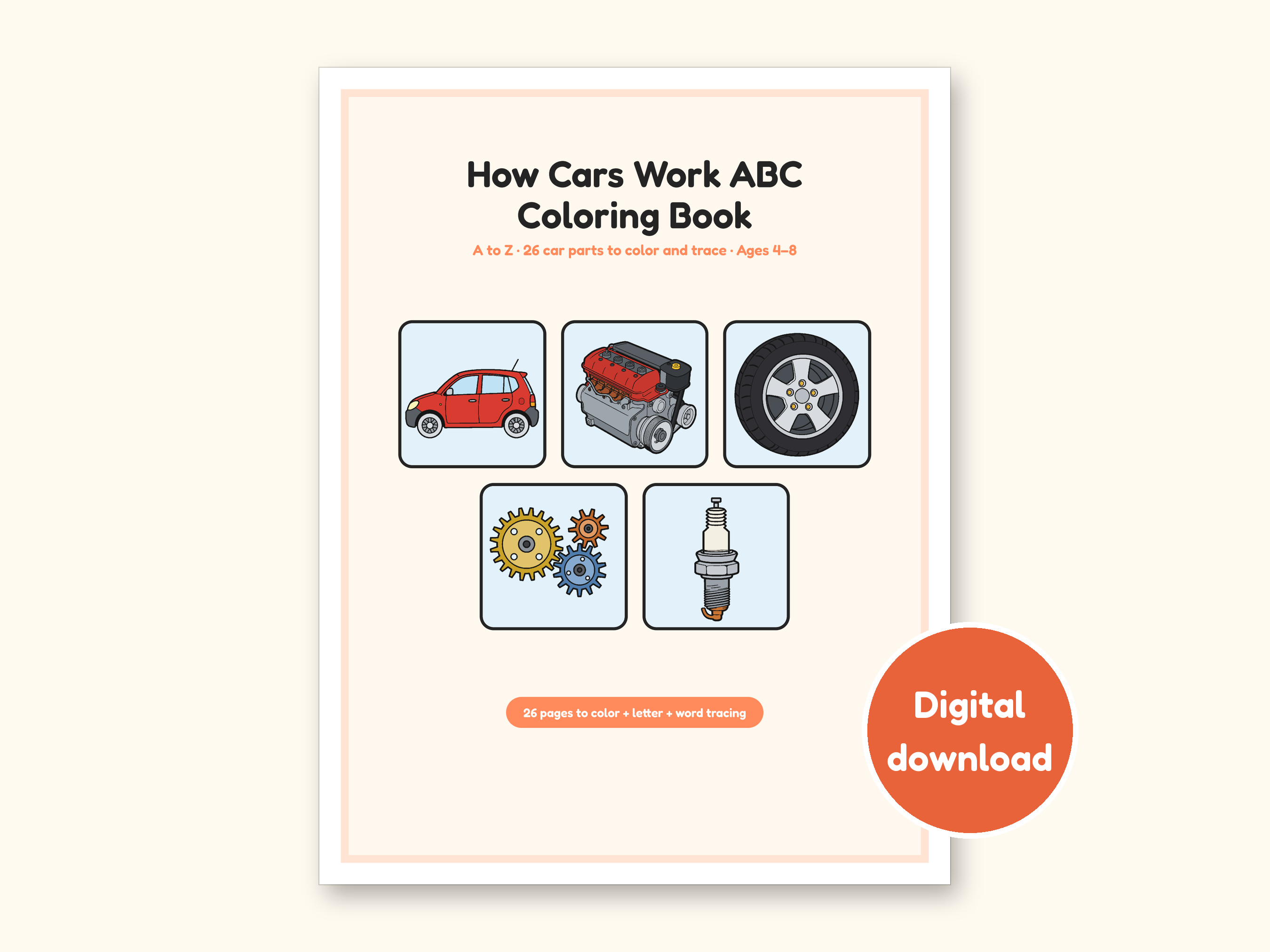 Car Coloring Pages | ABC Letter & Word Tracing for Kids Ages 4-8 (Digital PDF): cover of the printable PDF, a digital download