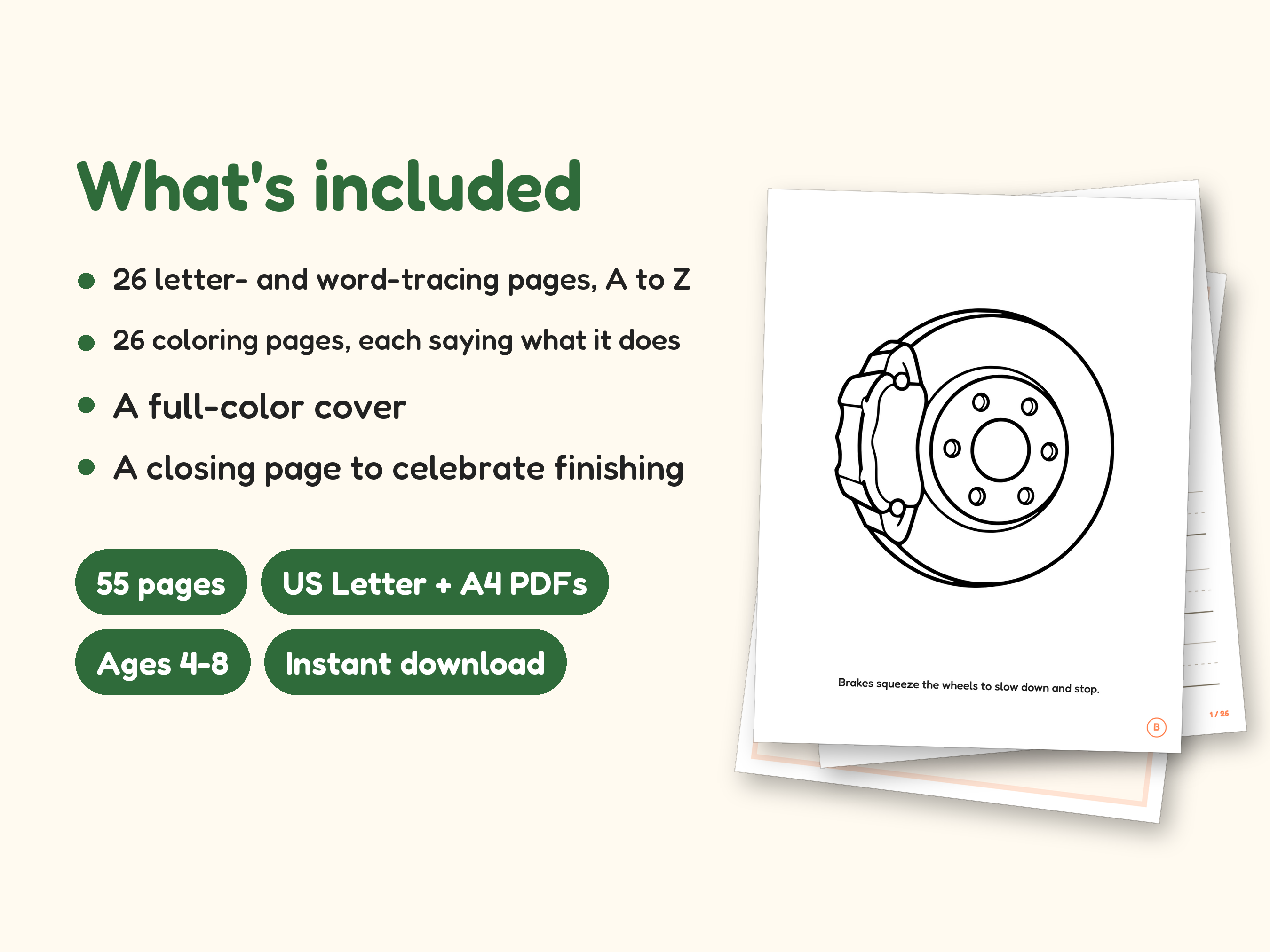 Car Coloring Pages | ABC Letter & Word Tracing for Kids Ages 4-8 (Digital PDF): what's included -- 55 pages, US Letter + A4 PDFs, Ages 4-8, Instant download