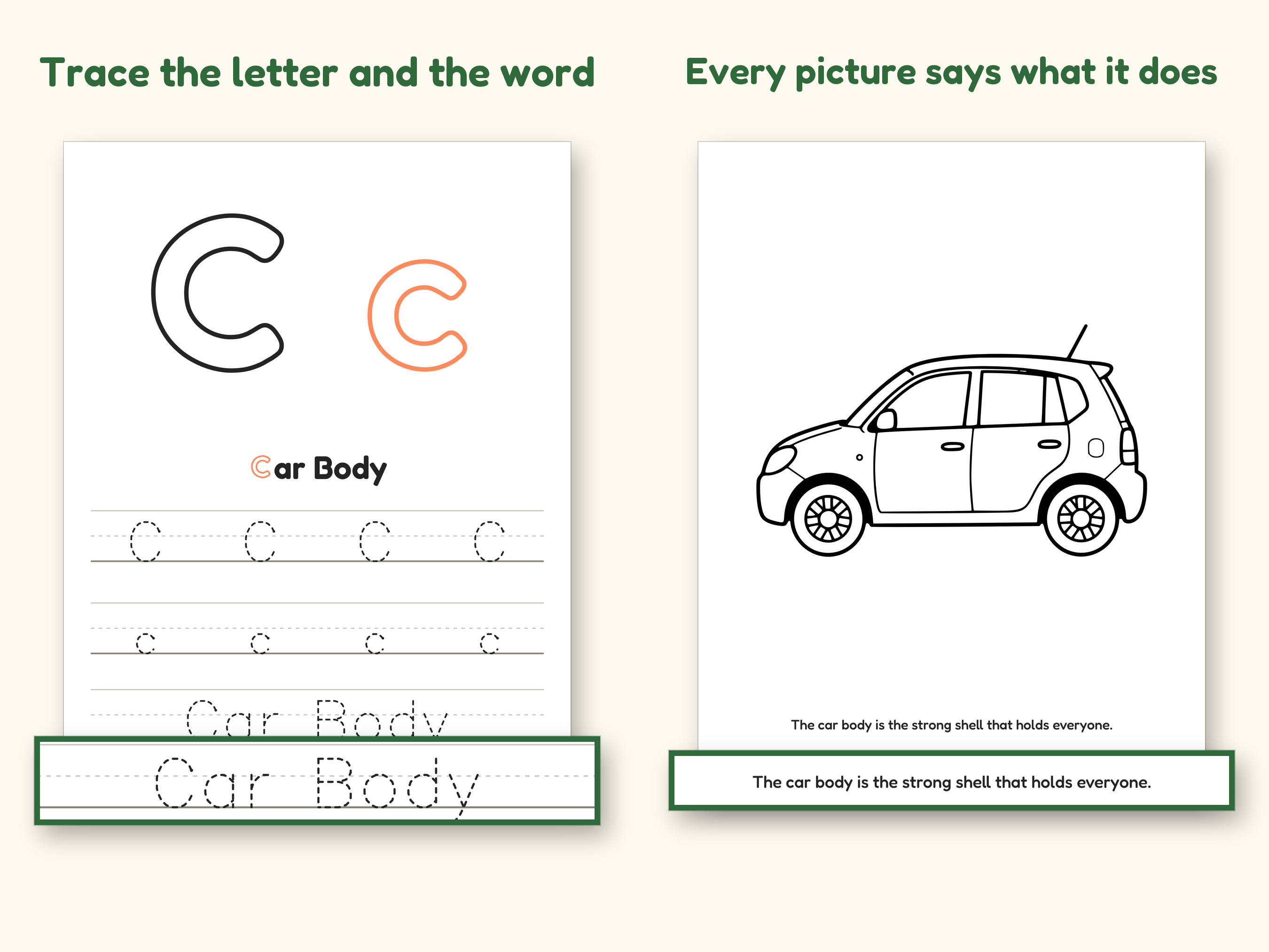 Car Coloring Pages | ABC Letter & Word Tracing for Kids Ages 4-8 (Digital PDF): Trace the letter and the word; Every picture says what it does