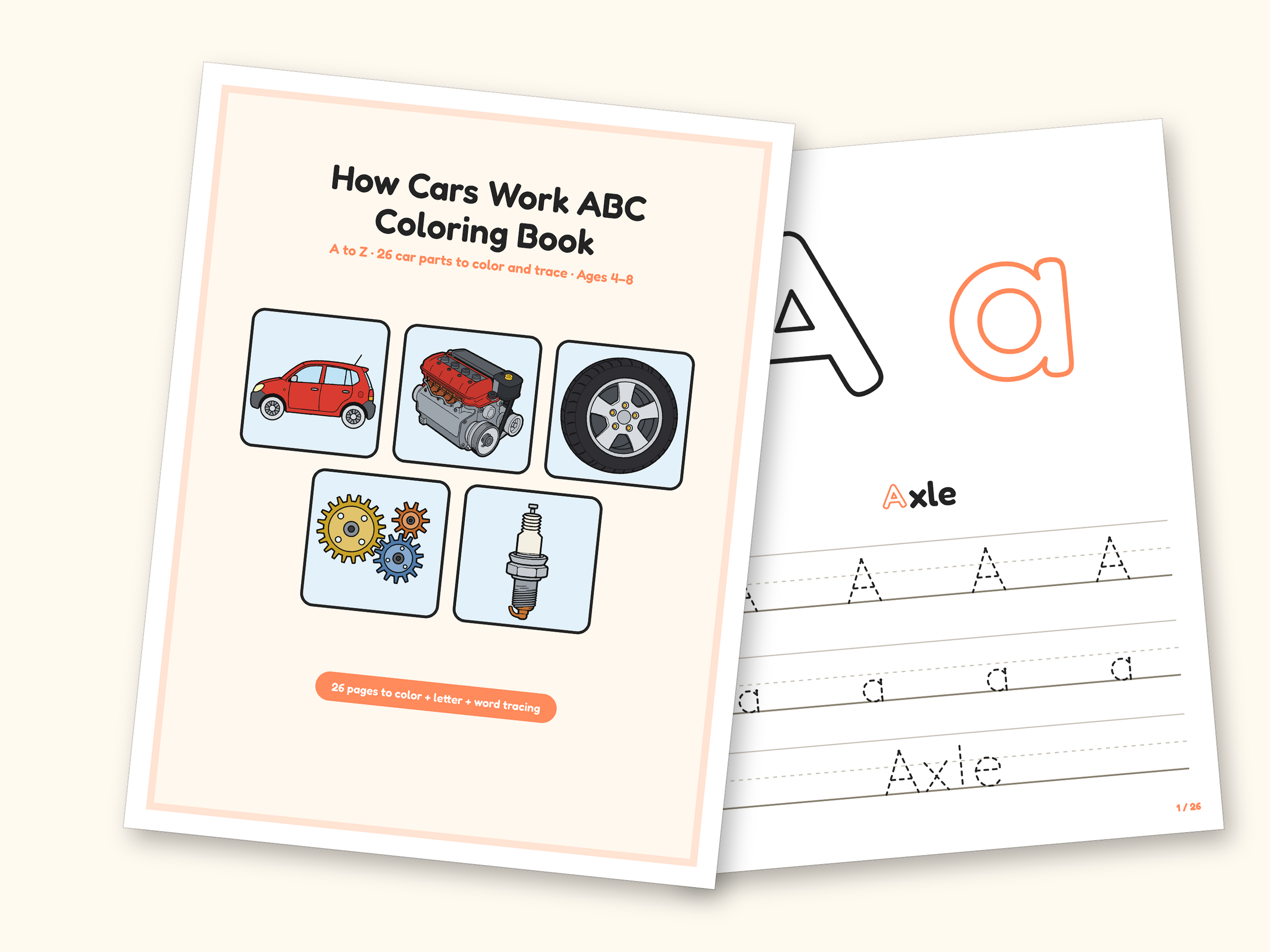 Car Coloring Pages | ABC Letter & Word Tracing for Kids Ages 4-8 (Digital PDF): cover and an inside page