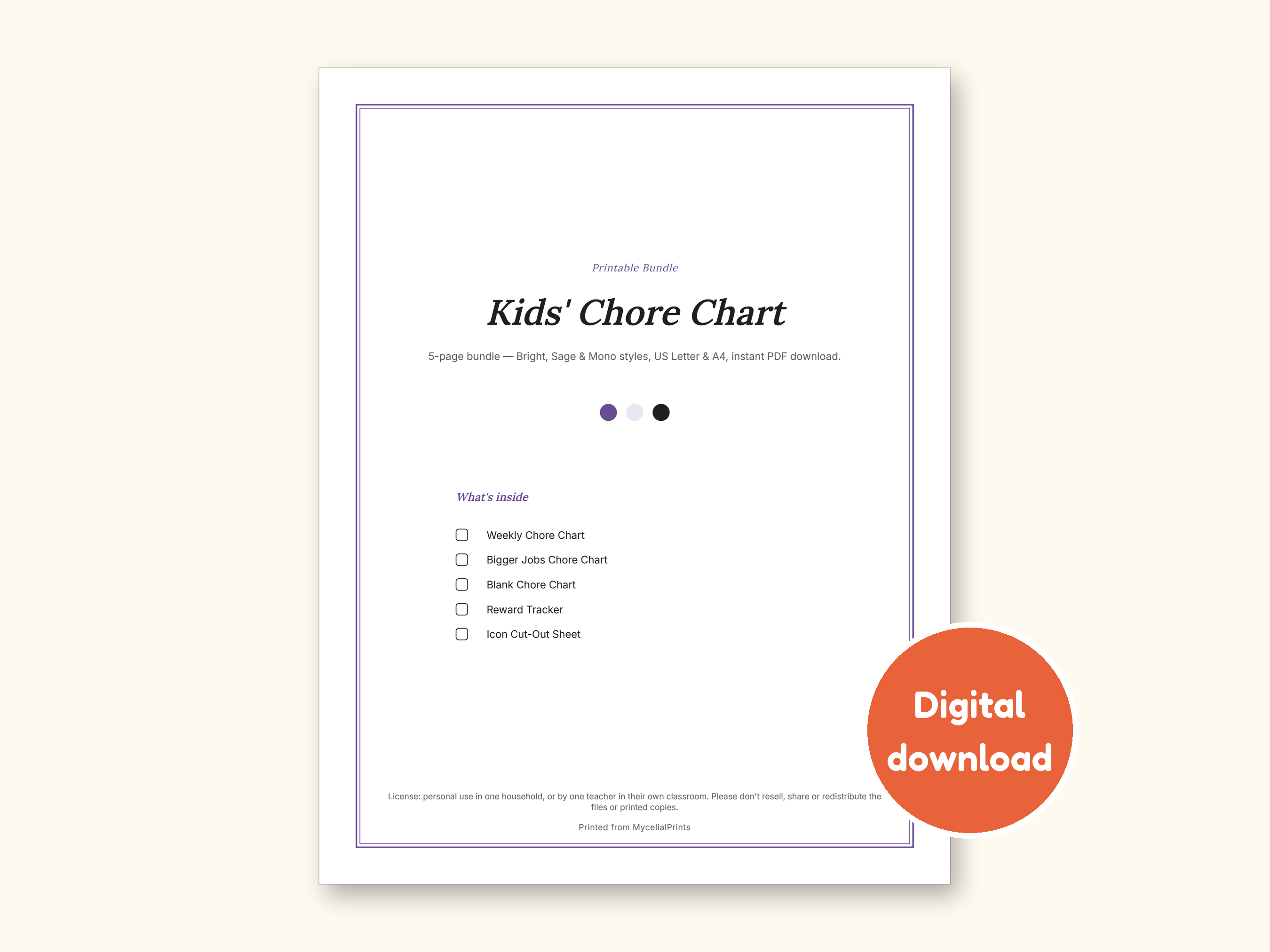 Chore Chart | Reward Tracker and Cut-Out Icons for Busy Families (PDF + Excel): cover of the printable PDF, a digital download