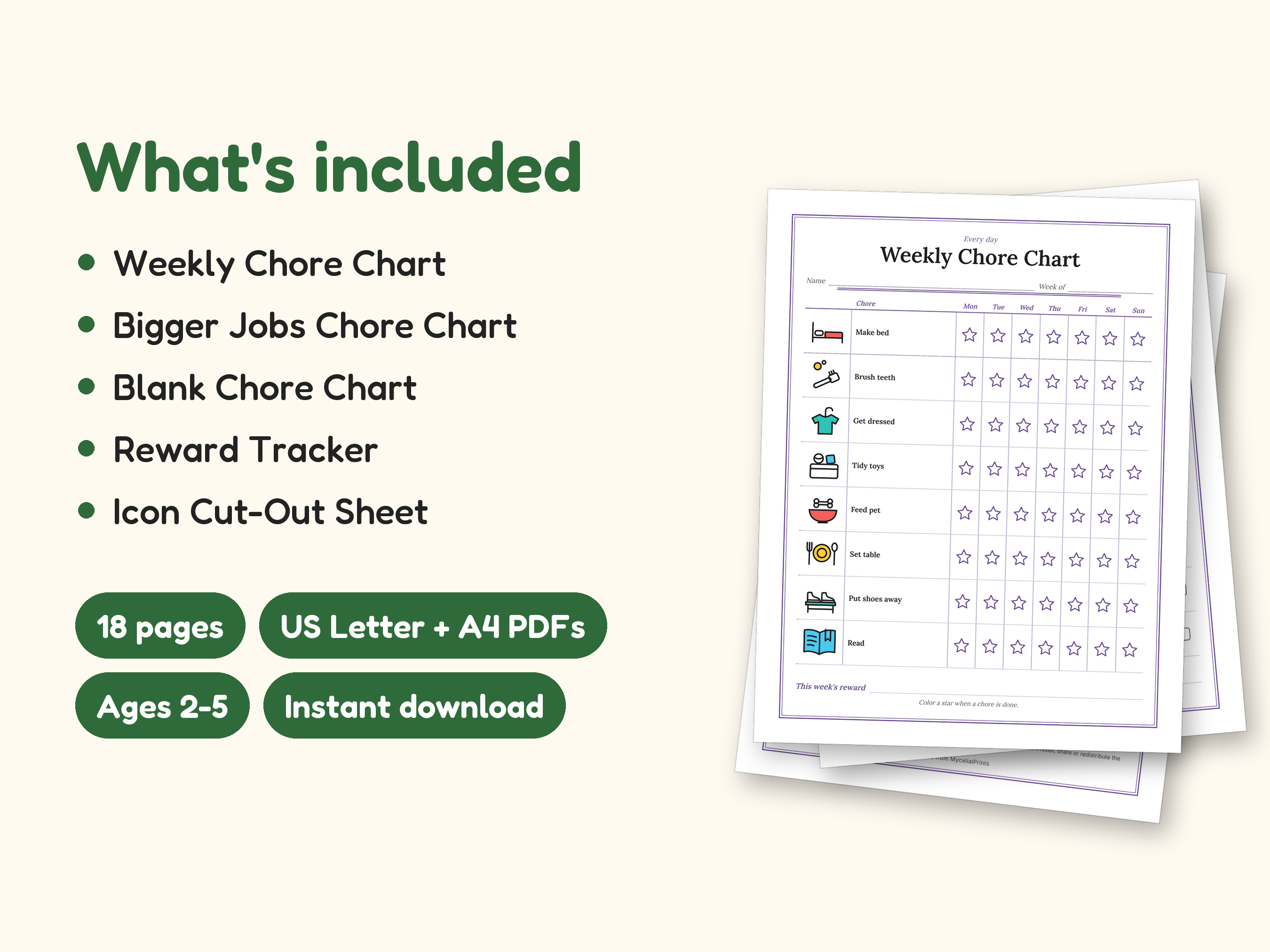 Chore Chart | Reward Tracker and Cut-Out Icons for Busy Families (PDF + Excel): what's included -- 18 pages, US Letter + A4 PDFs, Ages 2-5, Instant download