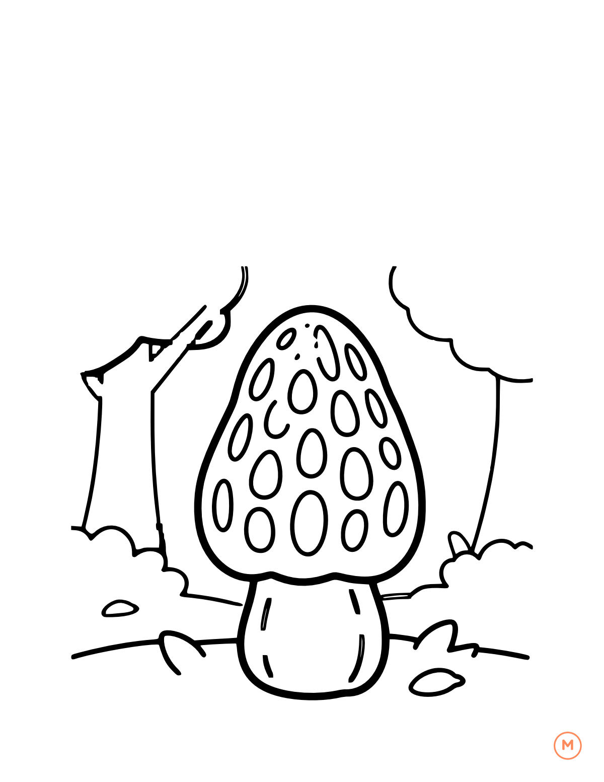 Morel coloring page for the letter M, bold outlines for small hands