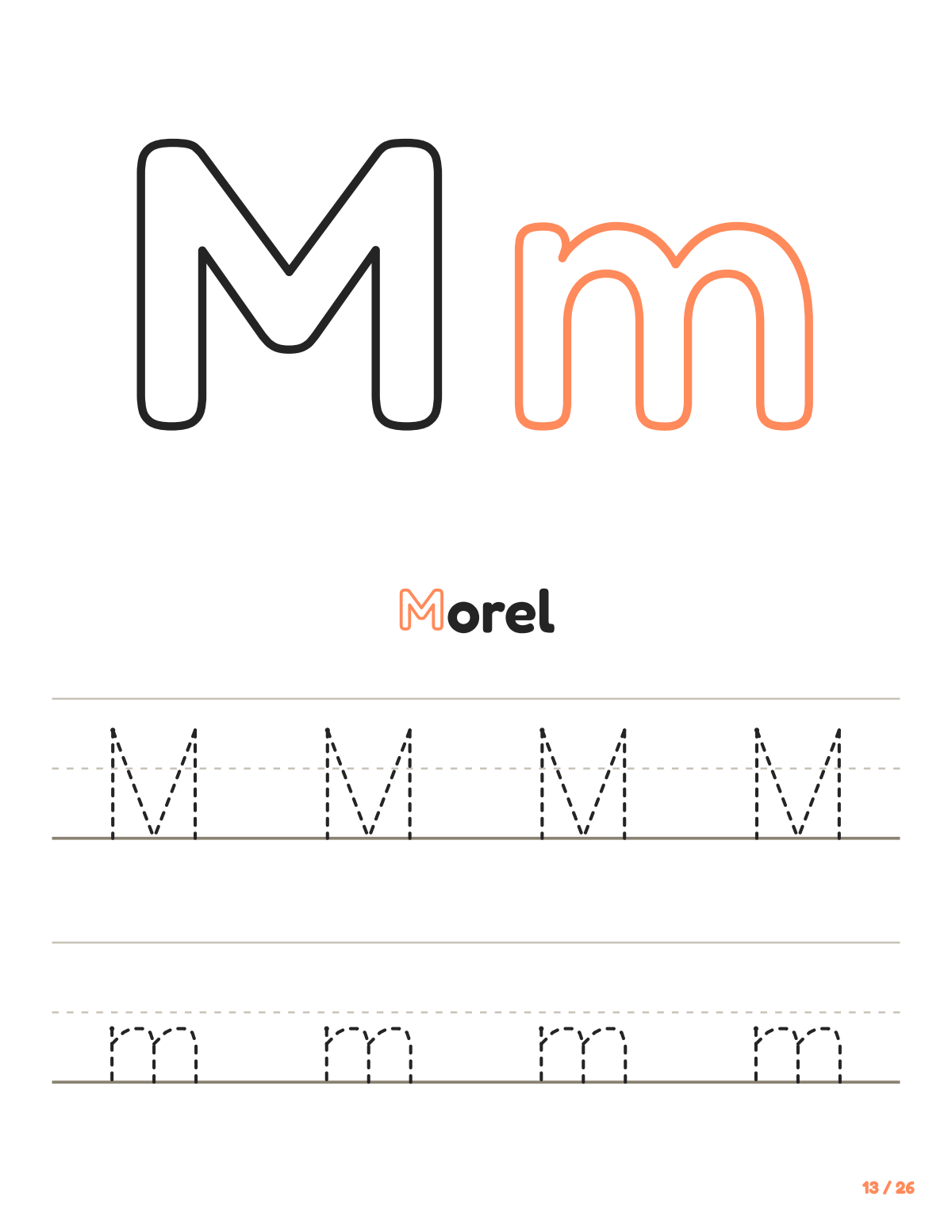 Letter M tracing worksheet: uppercase and lowercase M to trace, with the word Morel