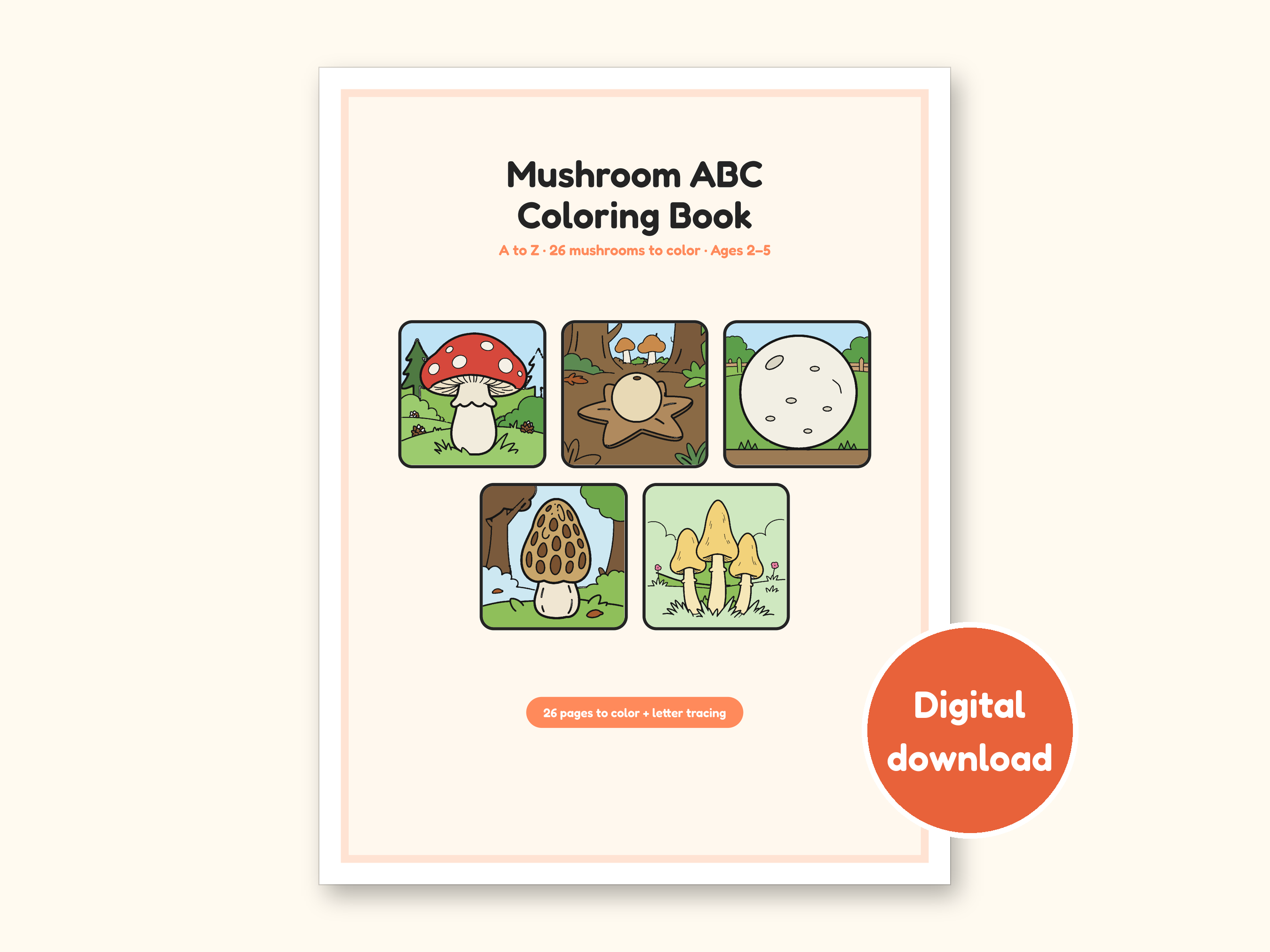 Mushroom Coloring Pages | ABC Letter Tracing for Kids Ages 2-5 (Digital PDF): cover of the printable PDF, a digital download