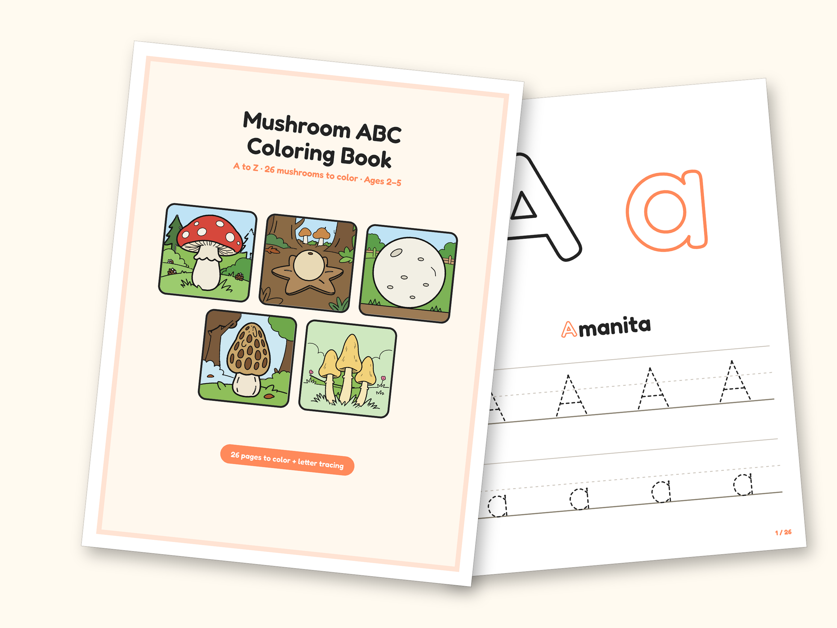 Mushroom Coloring Pages | ABC Letter Tracing for Kids Ages 2-5 (Digital PDF): cover and an inside page