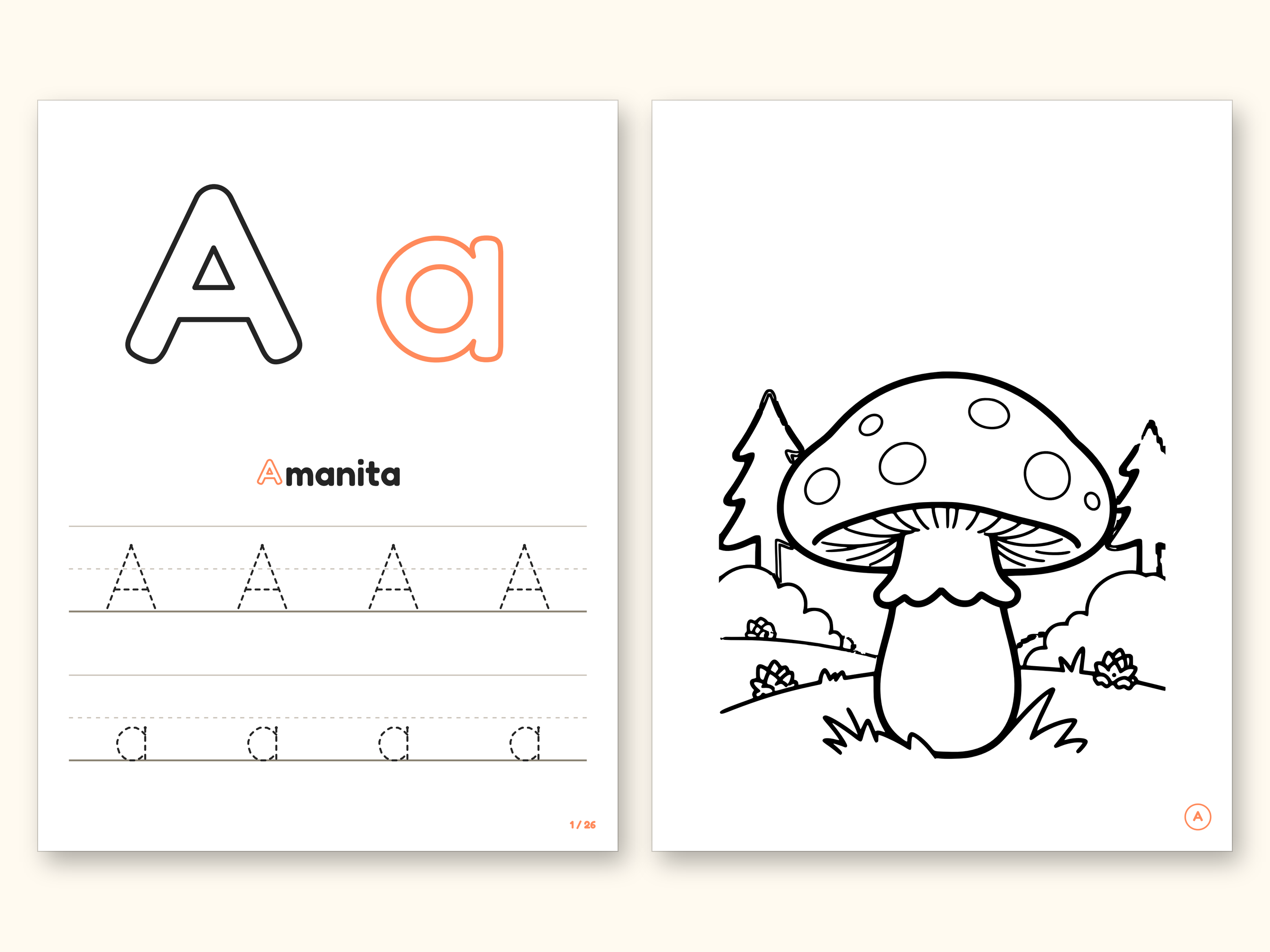 Mushroom Coloring Pages | ABC Letter Tracing for Kids Ages 2-5 (Digital PDF): pages 3 and 4 side by side