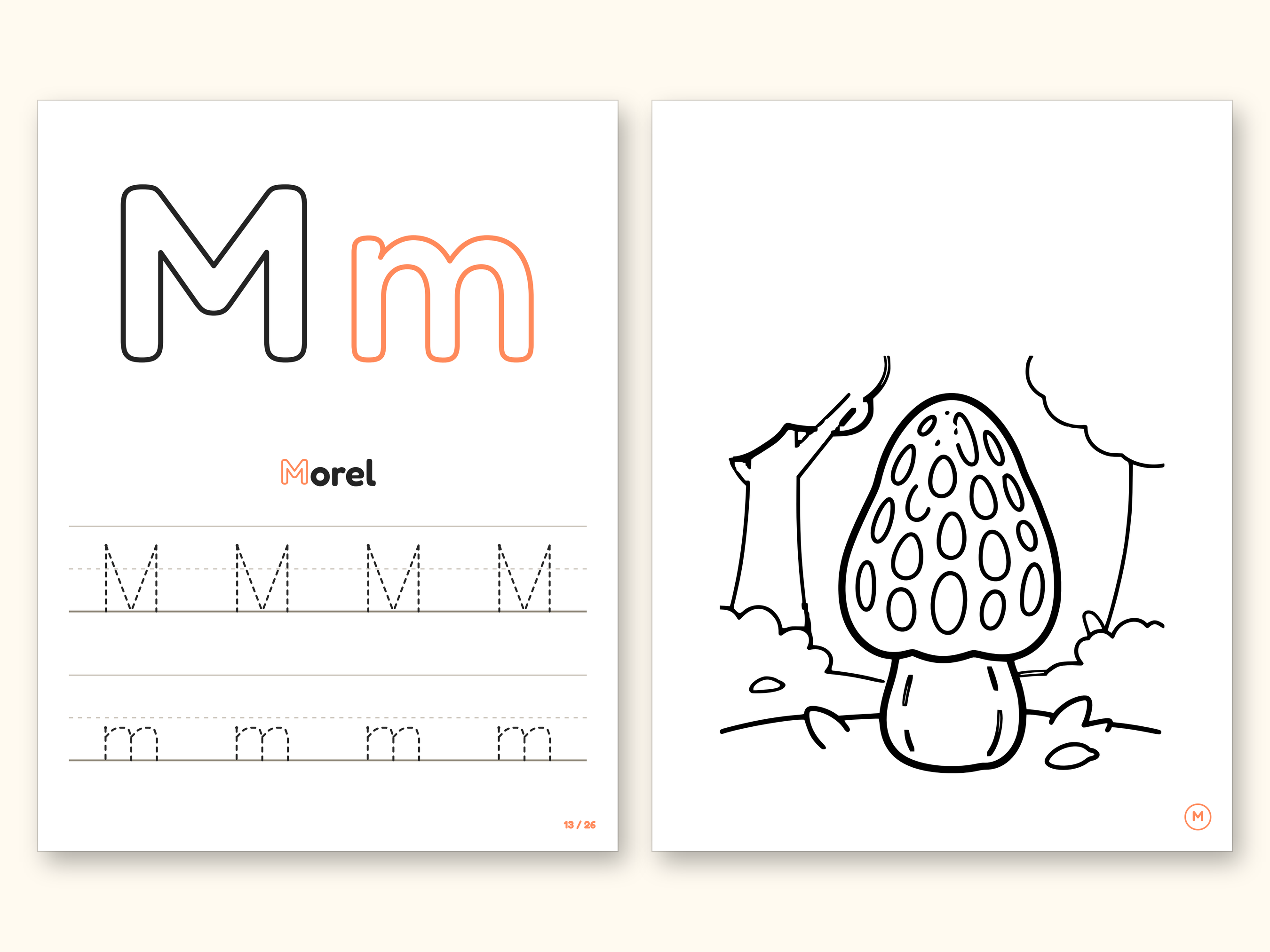 Mushroom Coloring Pages | ABC Letter Tracing for Kids Ages 2-5 (Digital PDF): pages 27 and 28 side by side