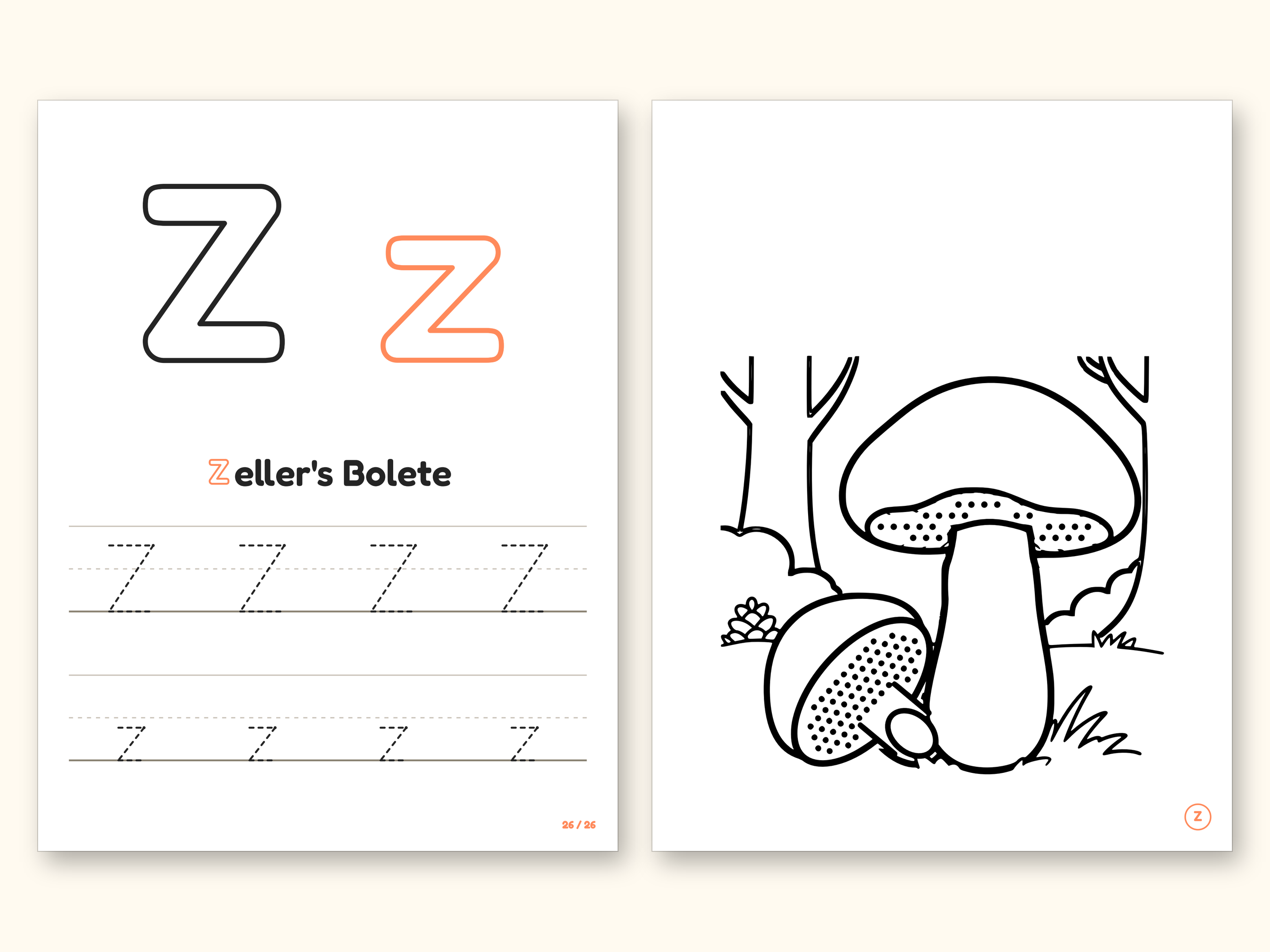 Mushroom Coloring Pages | ABC Letter Tracing for Kids Ages 2-5 (Digital PDF): pages 53 and 54 side by side