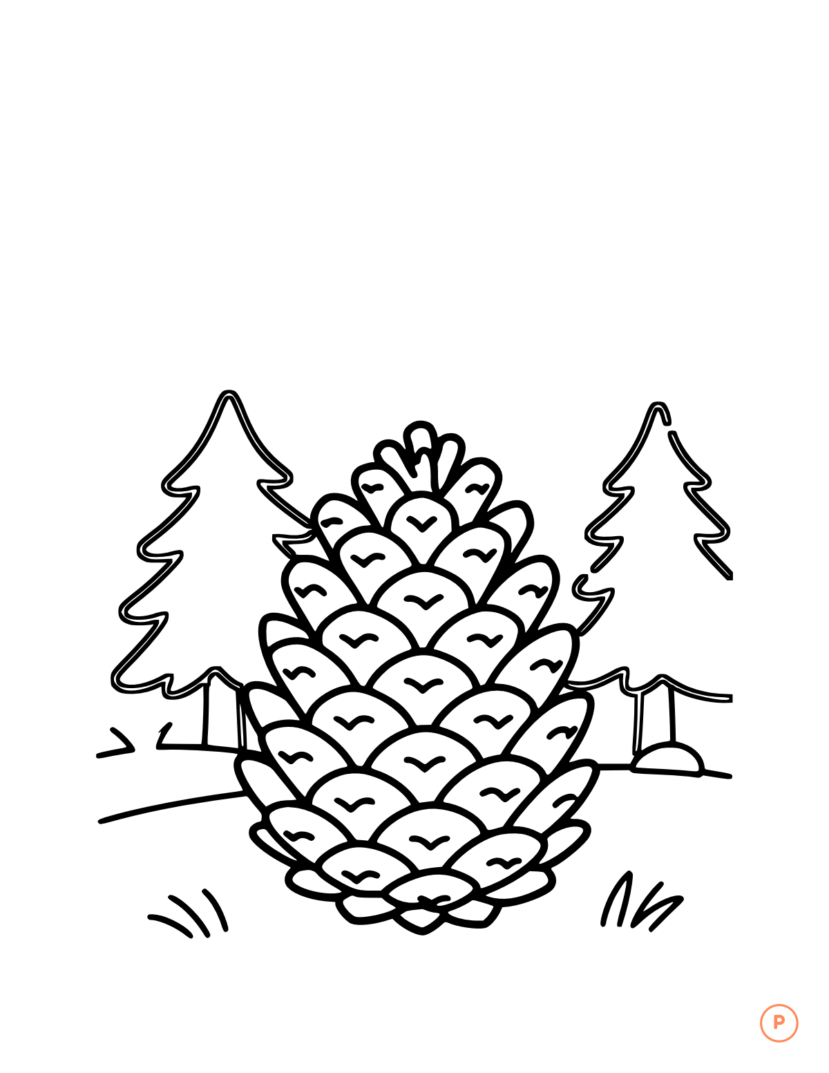 Pinecone coloring page for the letter P, bold outlines for small hands