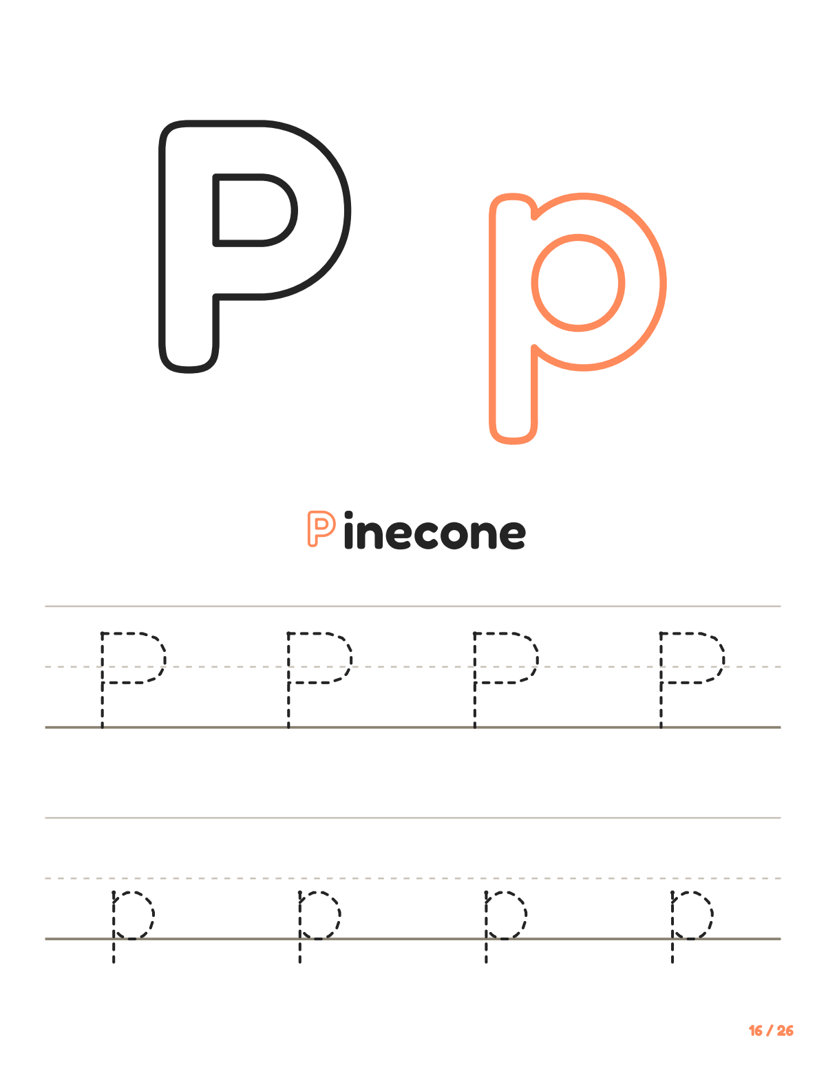 Letter P tracing worksheet: uppercase and lowercase P to trace, with the word Pinecone
