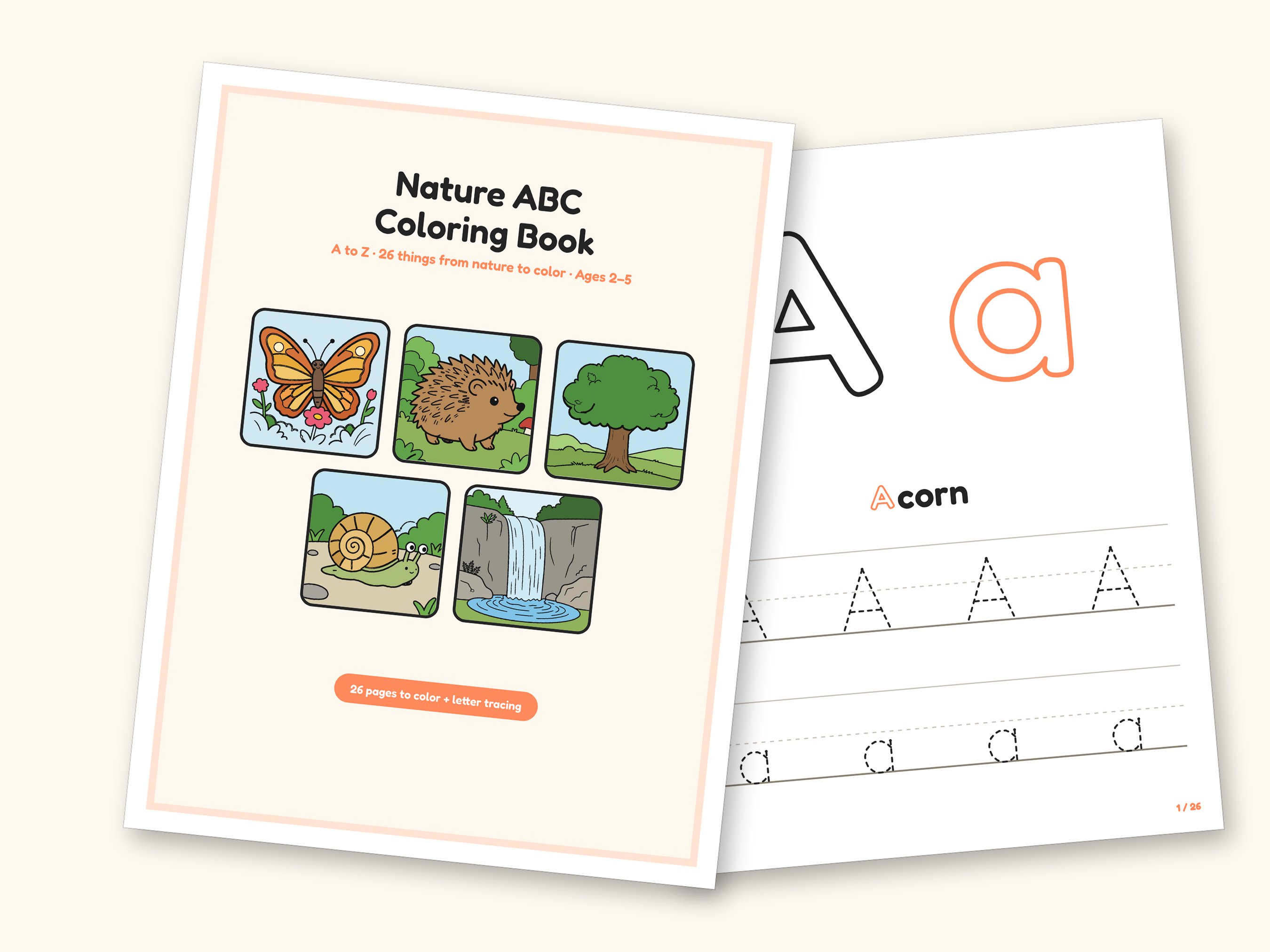 Nature Coloring Pages | ABC Letter Tracing for Kids Ages 2-5 (Digital PDF): cover and an inside page