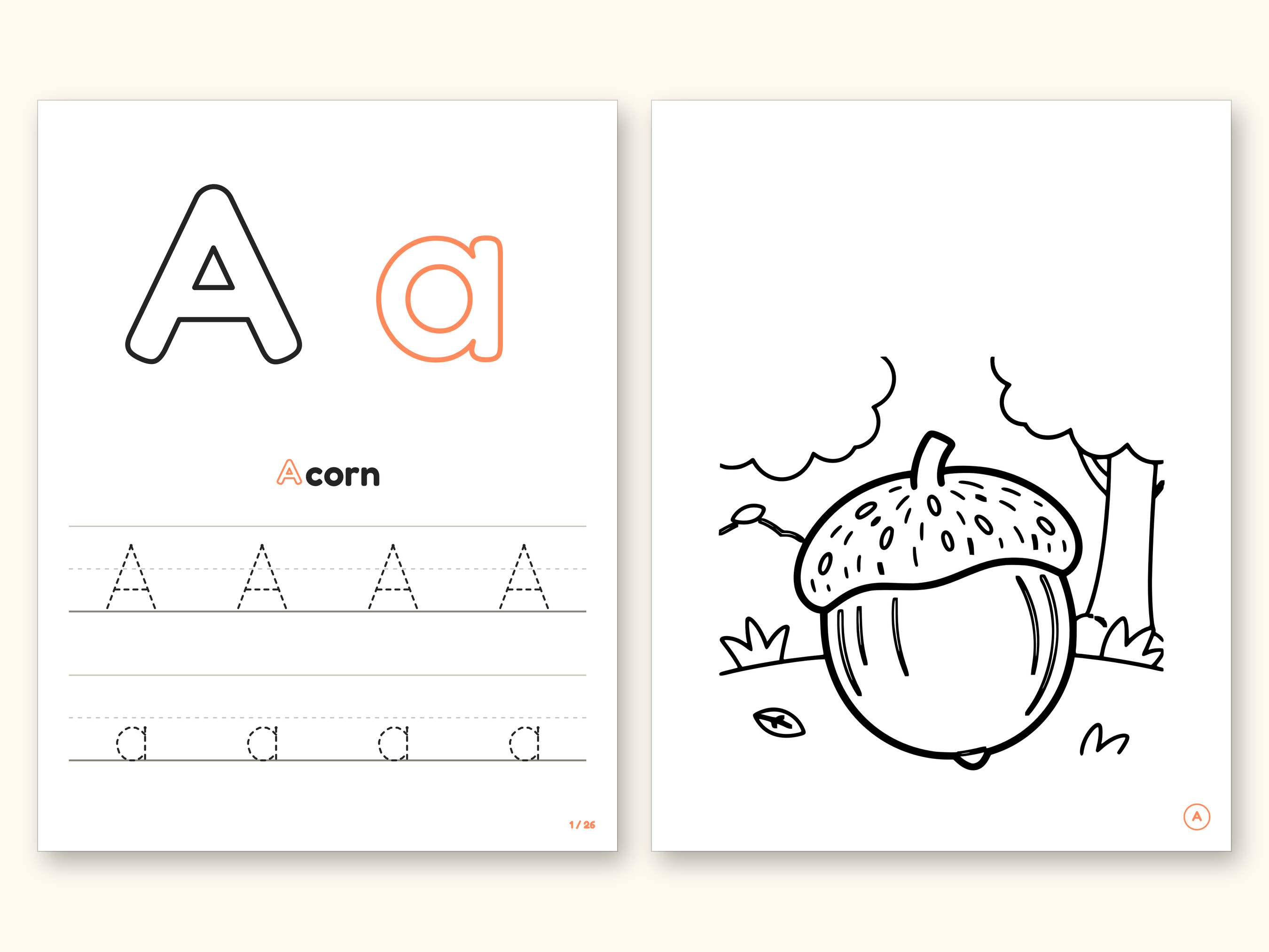 Nature Coloring Pages | ABC Letter Tracing for Kids Ages 2-5 (Digital PDF): pages 3 and 4 side by side