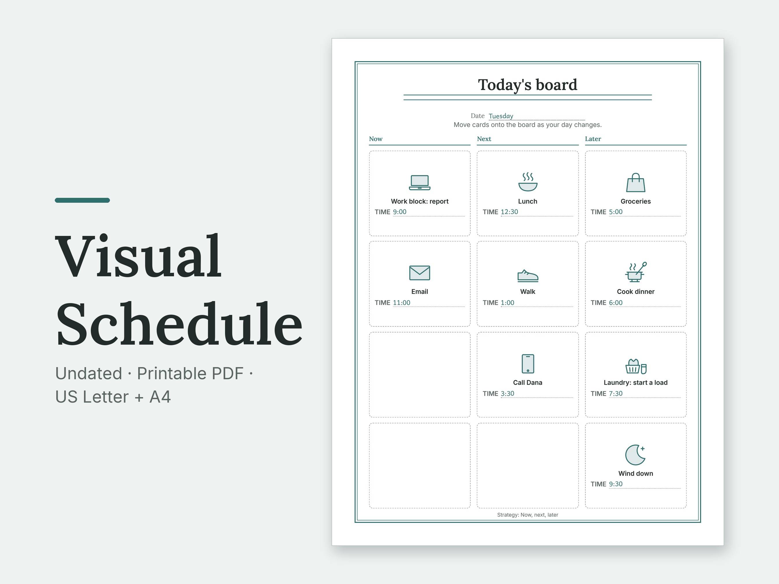 Visual Schedule: the Today's board page filled in with sample entries, shown large on a plain background. Undated, Printable PDF, US Letter + A4.