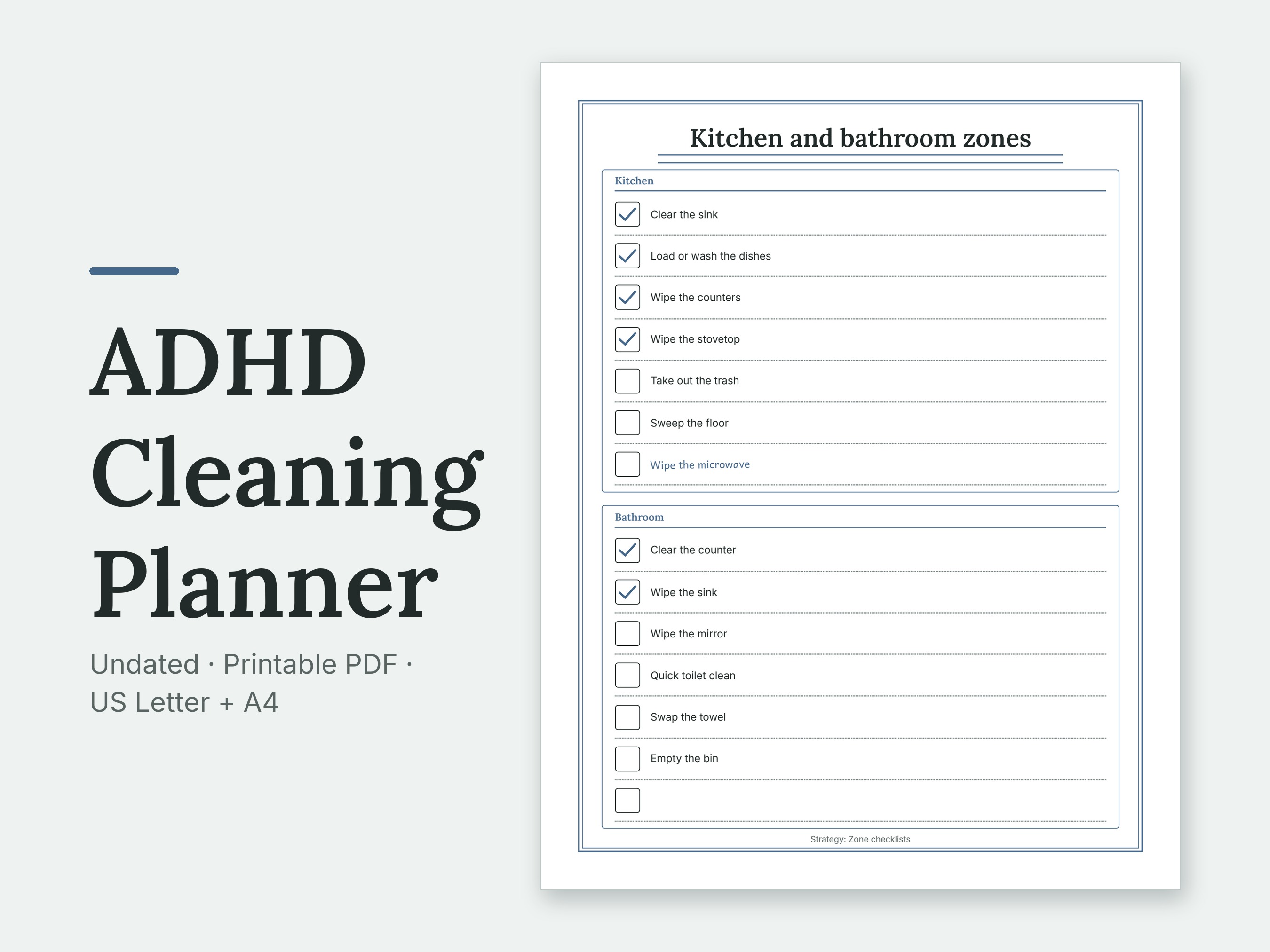ADHD Cleaning Planner: the Kitchen and bathroom zones page filled in with sample entries, shown large on a plain background. Undated, Printable PDF, US Letter + A4.