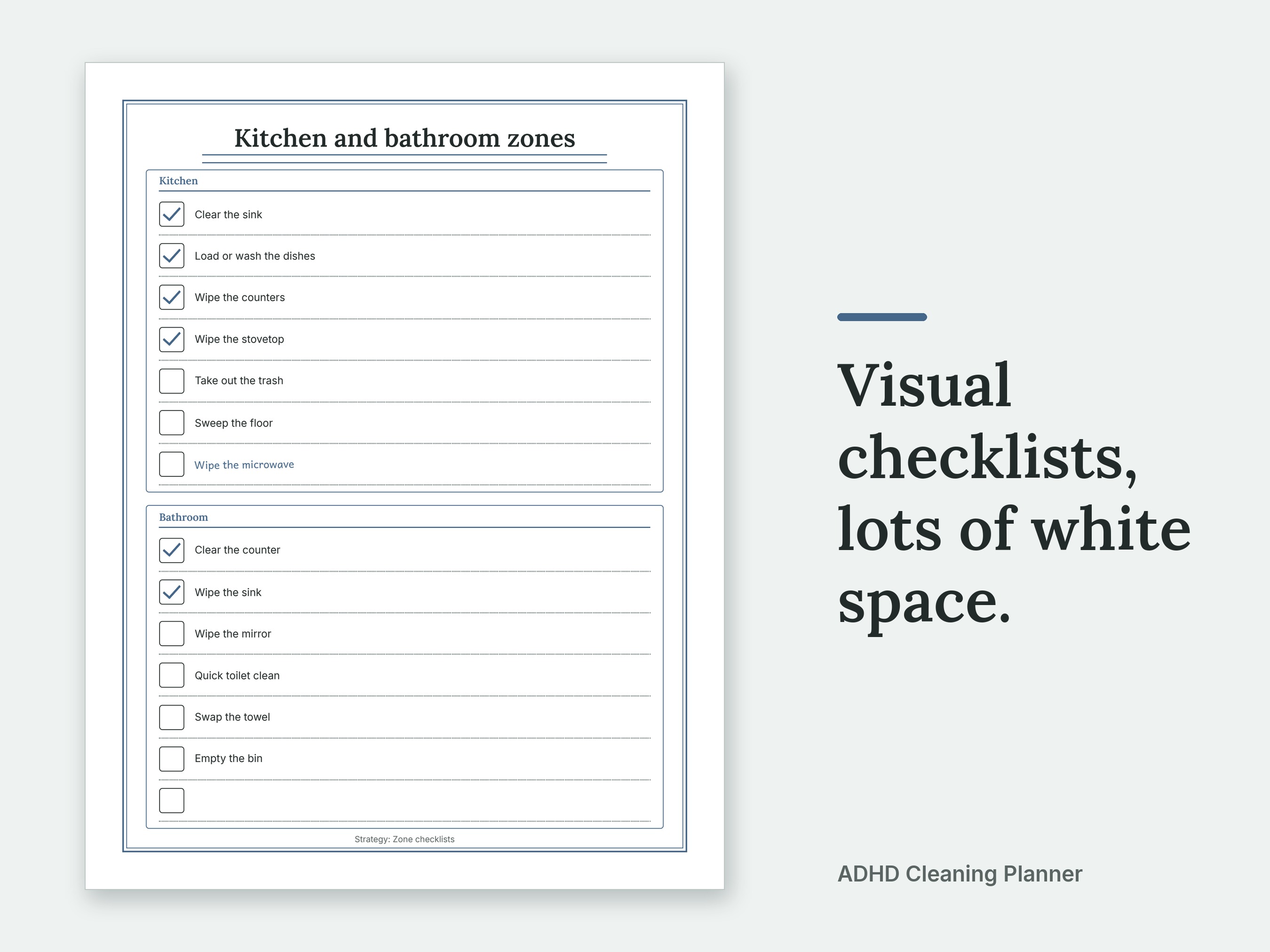 Visual checklists, lots of white space. The Kitchen and bathroom zones page of the ADHD Cleaning Planner, filled in with sample entries.