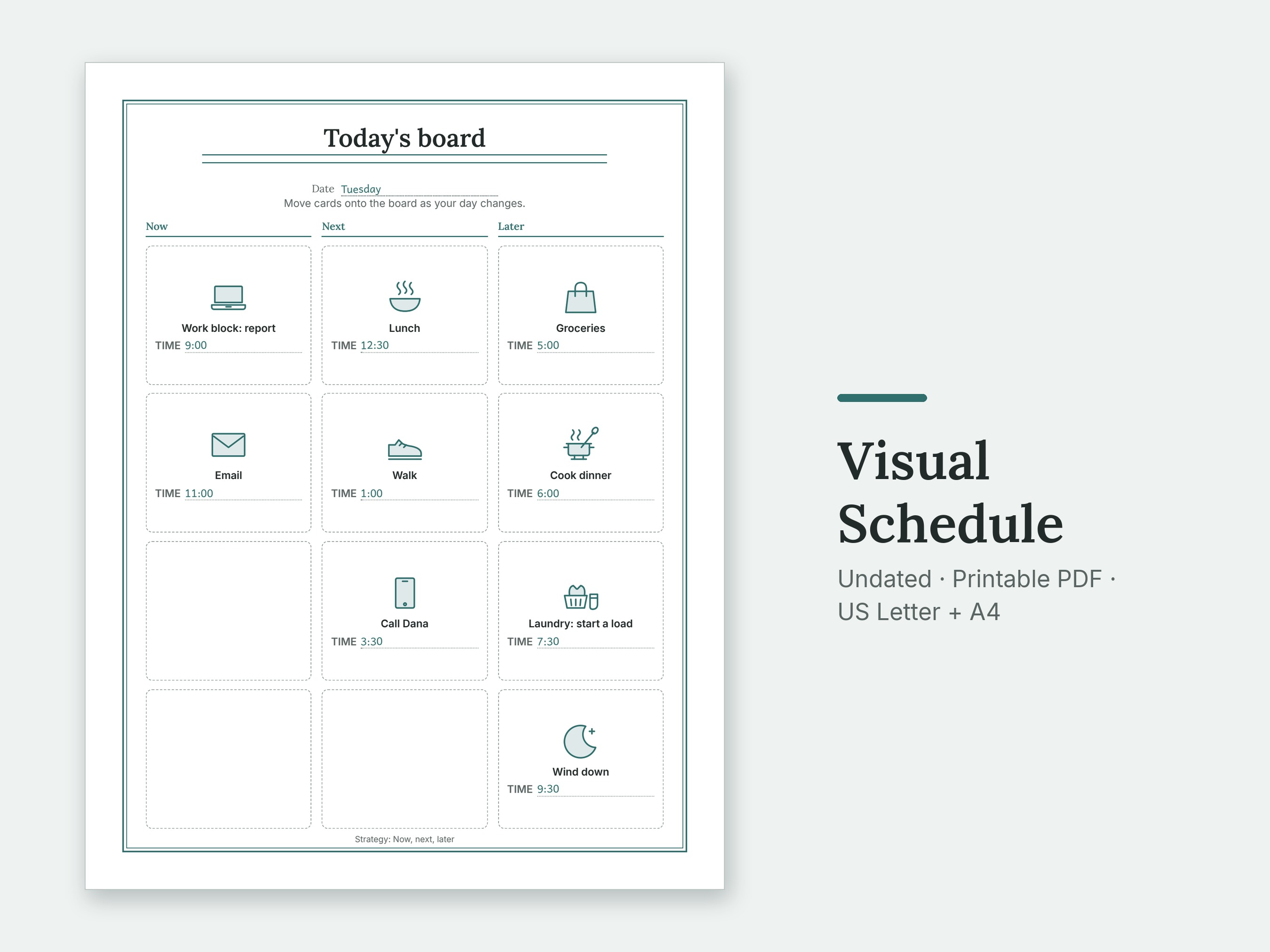 The Today's board page of the Visual Schedule, filled in with sample entries.