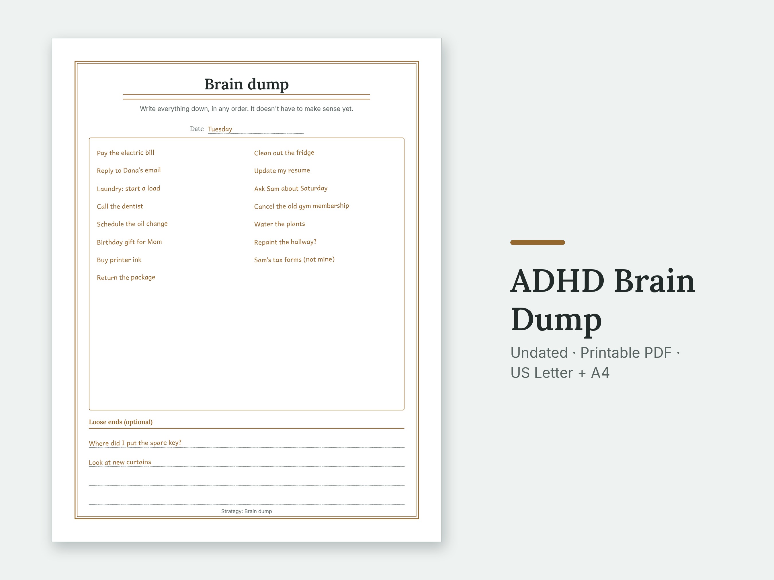 The Brain dump page of the ADHD Brain Dump, filled in with sample entries.