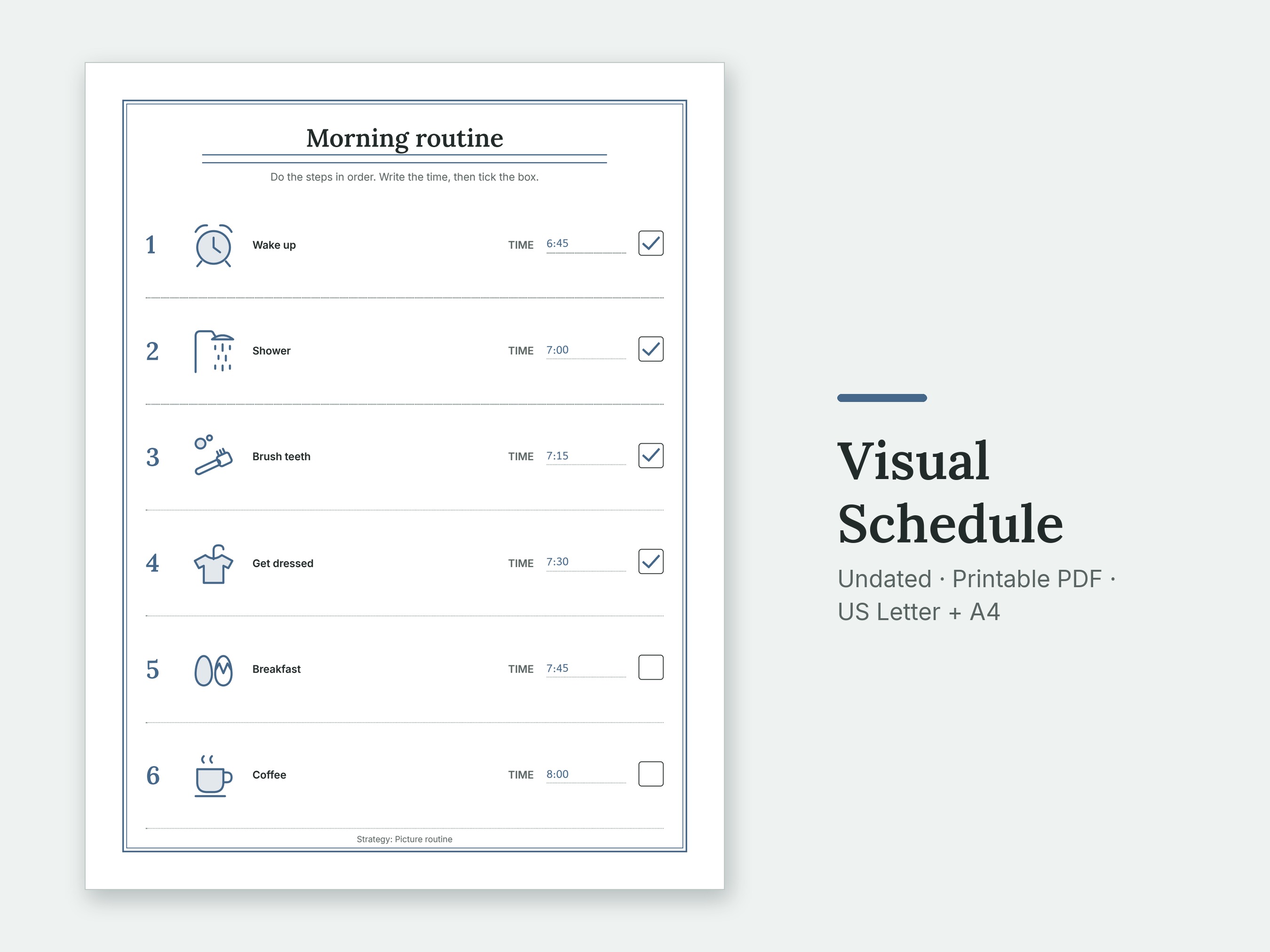 The Morning routine page of the Visual Schedule, filled in with sample entries.