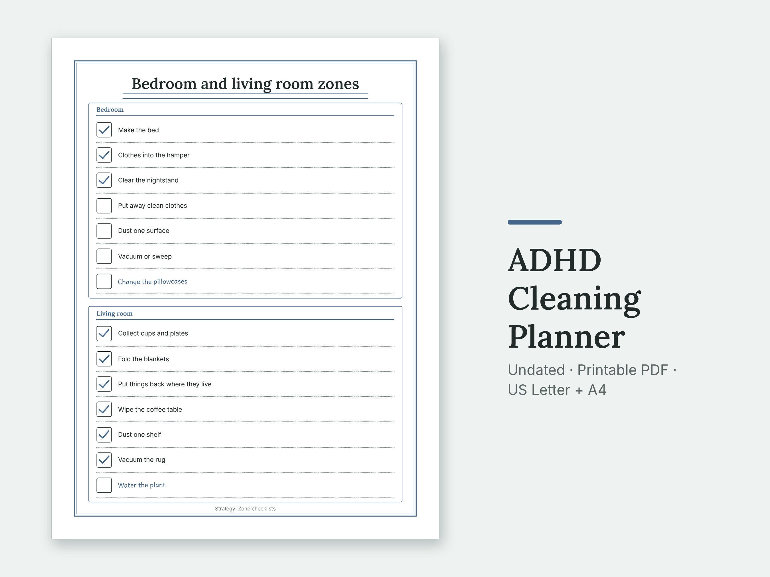The Bedroom and living room zones page of the ADHD Cleaning Planner, filled in with sample entries.